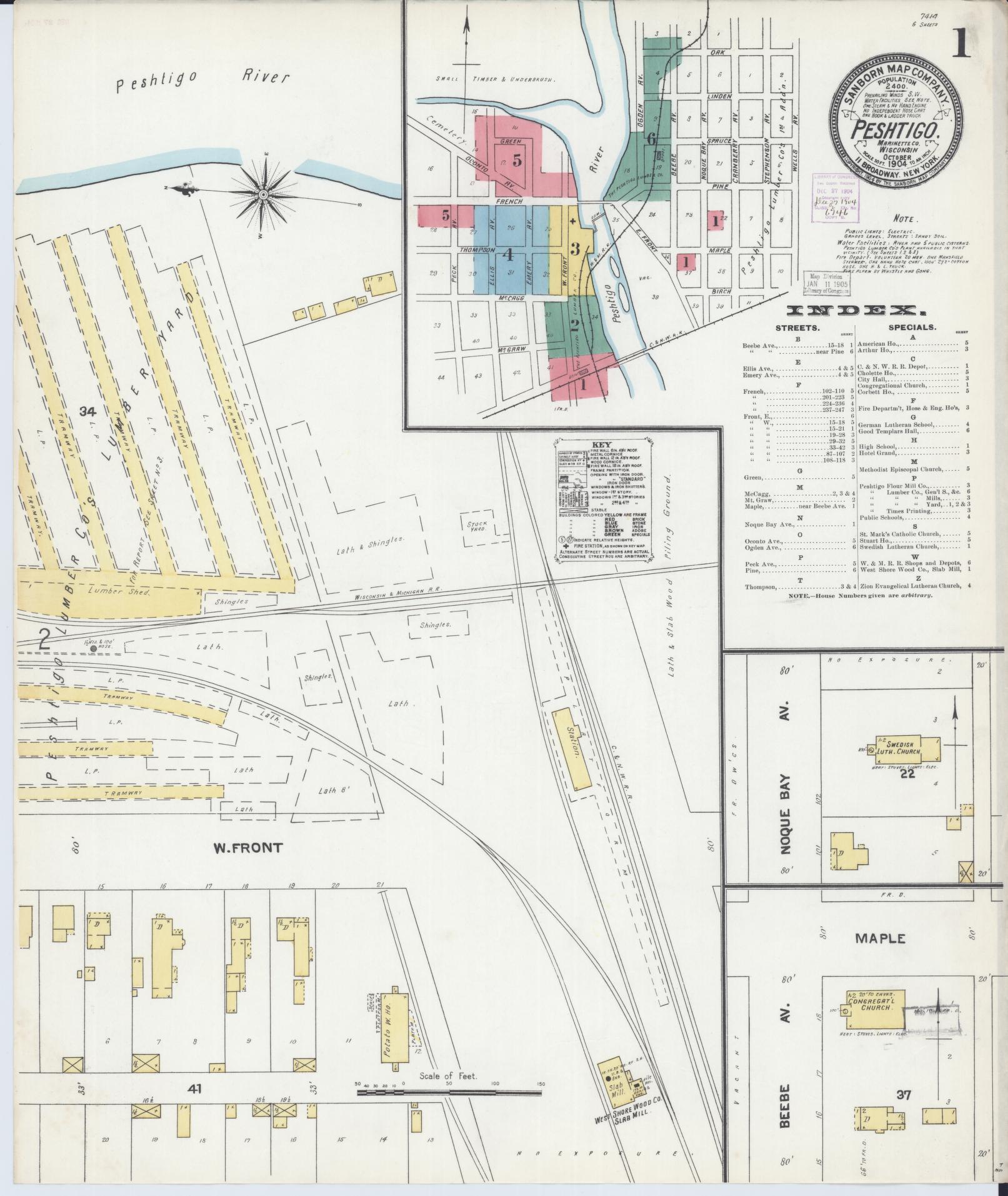 Sanborn Fire Insurance Map from Peshtigo, Marinette County, Wisconsin (1904), Sheet #0001 - Historic Sanborn Fire Insurance Map Print, vintage old map wall art, antique decor, genealogy gift, Wisconsin Wisconsin map
