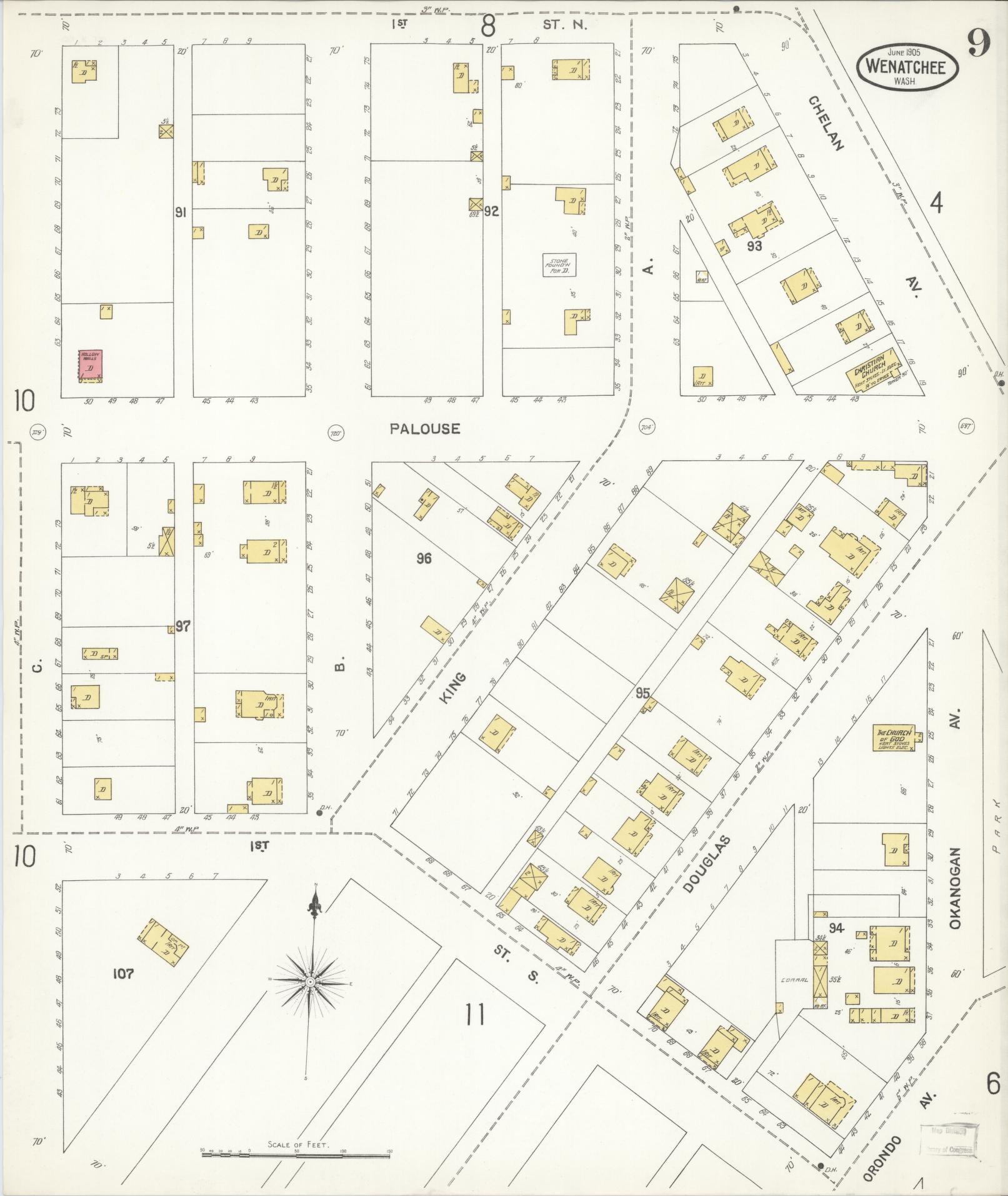 Sanborn Fire Insurance Map from Wenatchee, Chelan County, Washington (1905), Sheet #0009 - Complete Map Set gallery image, historic Sanborn map, vintage wall art, Washington Washington