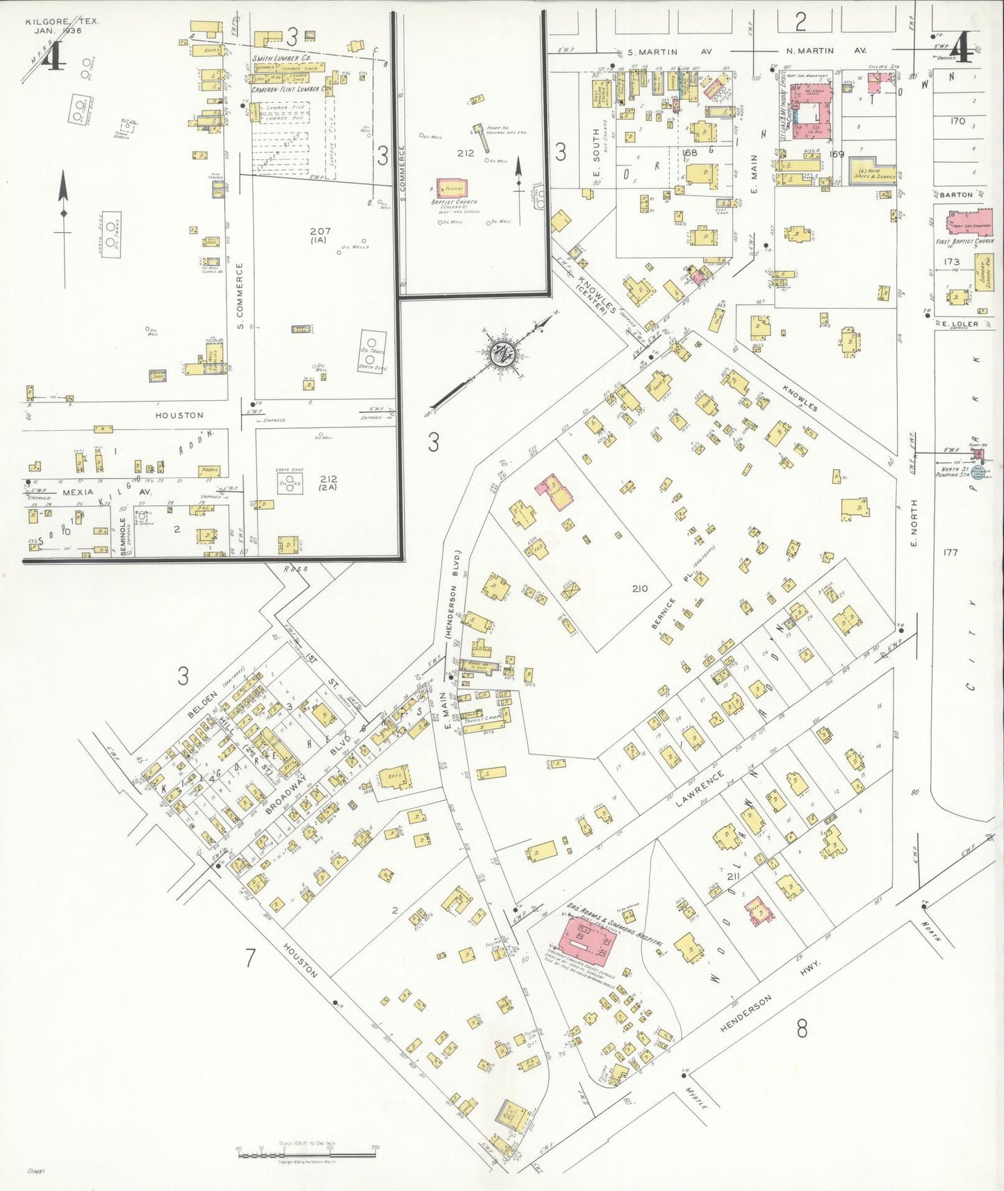 Sanborn Fire Insurance Map from Kilgore, Gregg County, Texas (1936), Sheet #0004 - Historic Sanborn Fire Insurance Map Print, vintage old map wall art, antique decor, genealogy gift, Texas Texas map
