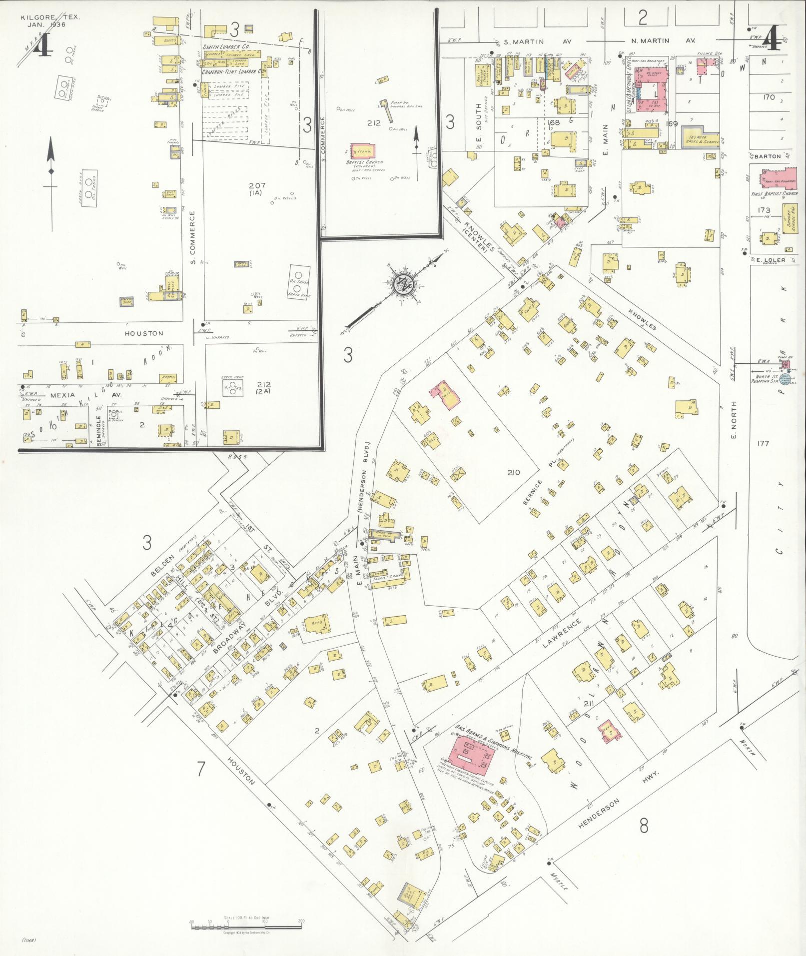 Sanborn Fire Insurance Map from Kilgore, Gregg County, Texas (1936), Sheet #0004 - Historic Sanborn Fire Insurance Map Print, vintage old map wall art, antique decor, genealogy gift, Texas Texas map