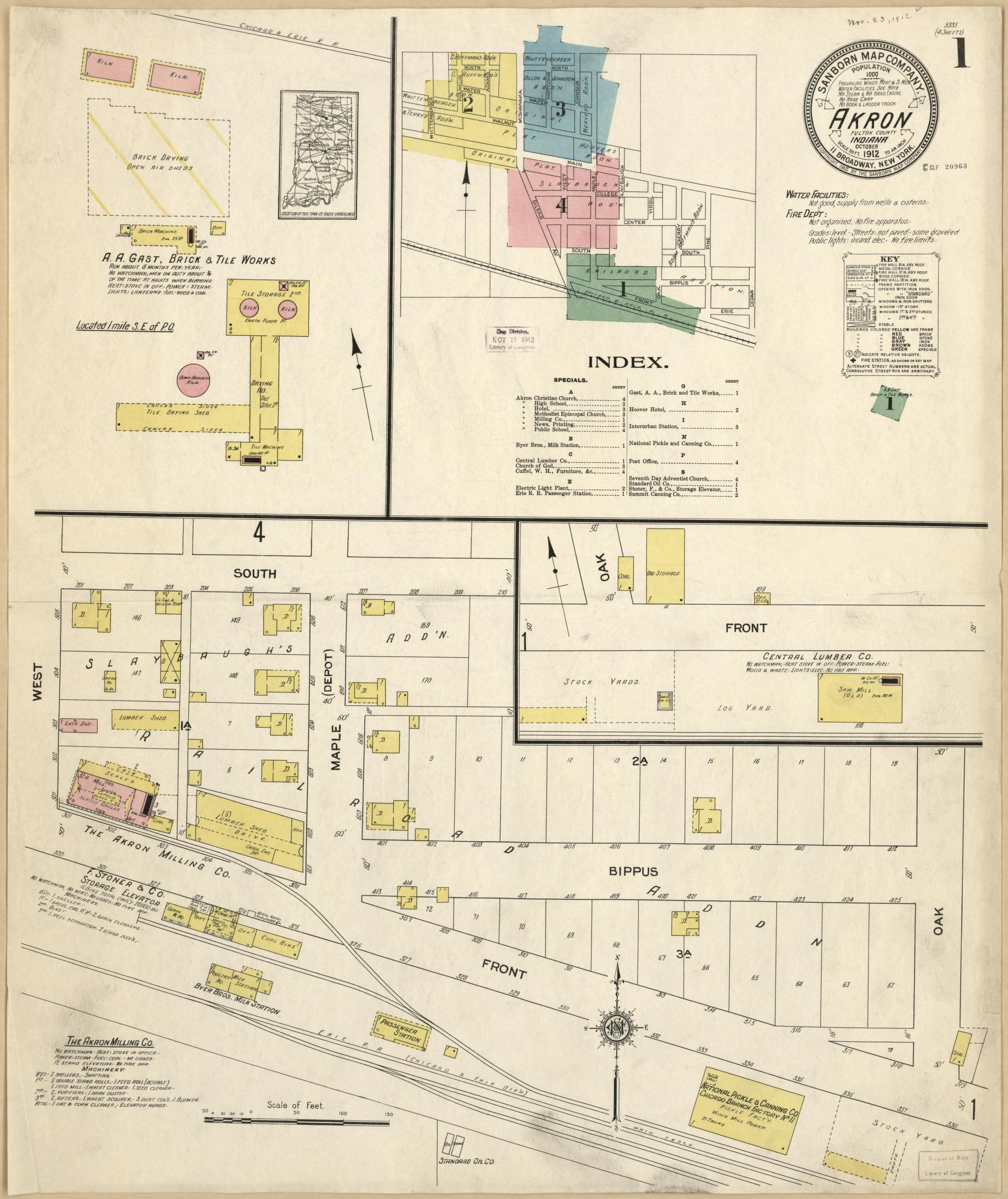 Sanborn Fire Insurance Map from Akron, Fulton County, Indiana (1912), Sheet #0001 - Historic Sanborn Fire Insurance Map Print, vintage old map wall art, antique decor, genealogy gift, Indiana Indiana map