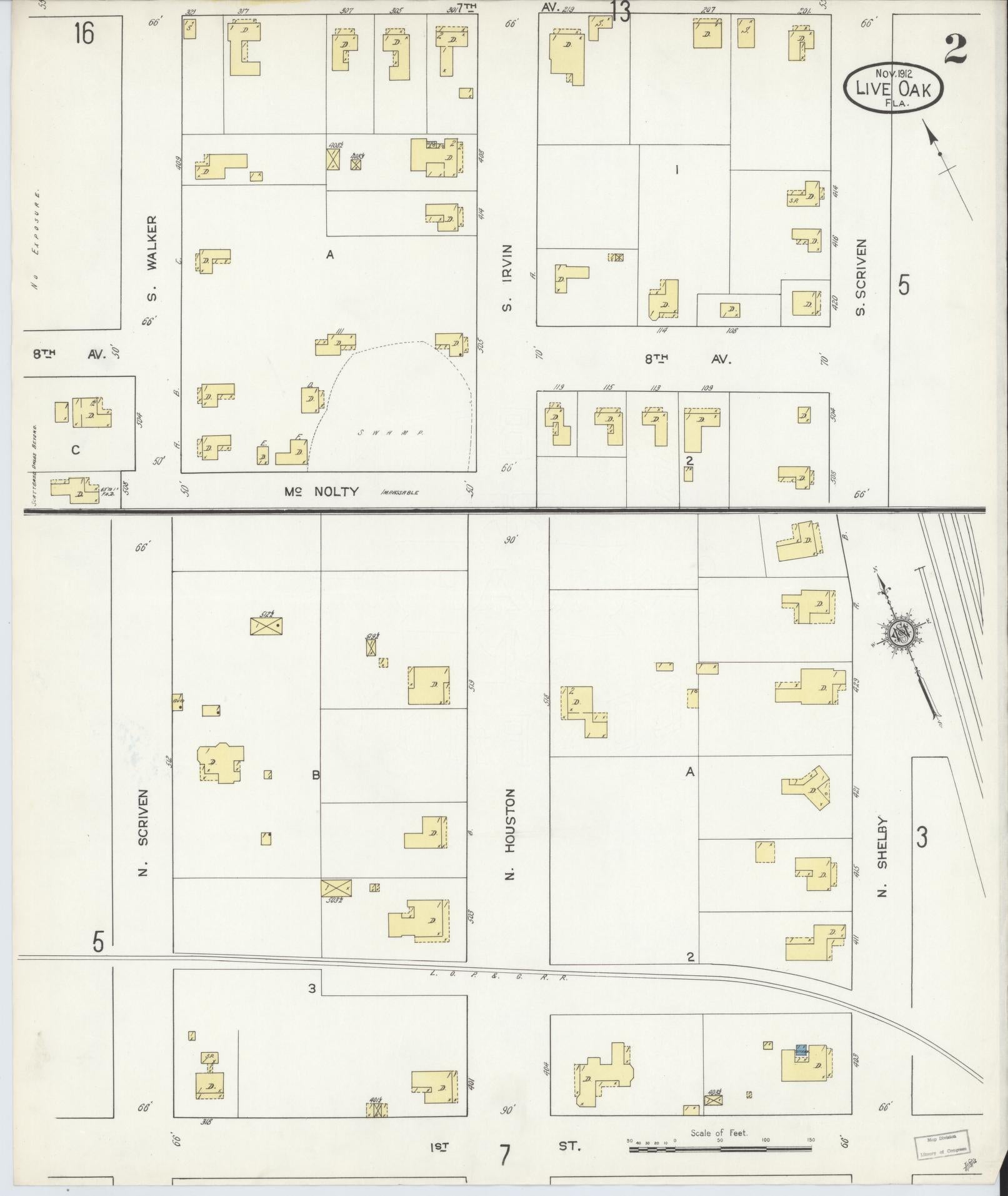 Sanborn Fire Insurance Map from Live Oak, Suwanee County, Florida (1912), Sheet #0002 - Historic Sanborn Fire Insurance Map Print, vintage old map wall art, antique decor, genealogy gift, Florida Florida map