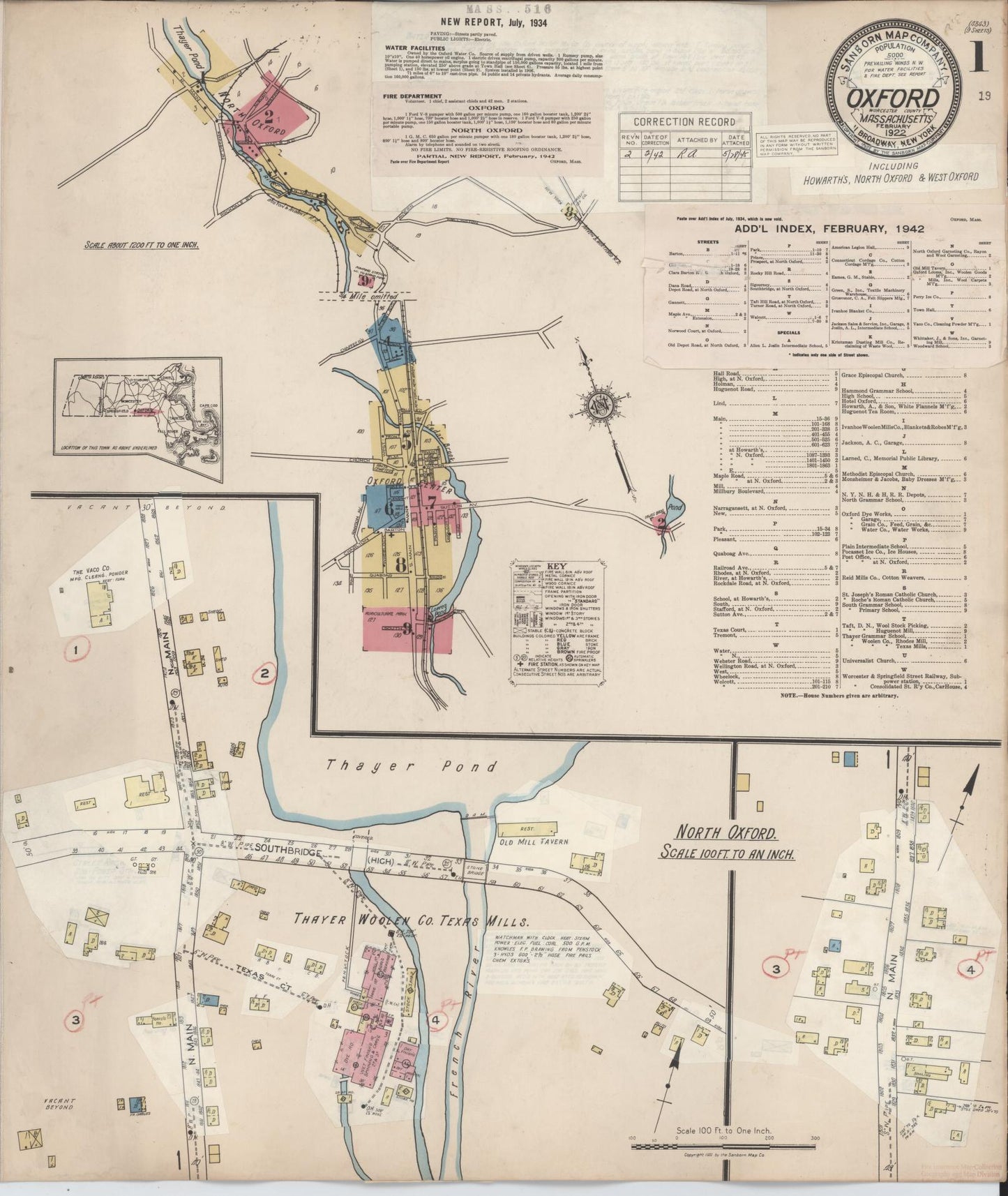 Sanborn Fire Insurance Map from Oxford, Worcester County, Massachusetts (1942), Sheet #0001 - Historic Sanborn Fire Insurance Map Print, vintage old map wall art, antique decor, genealogy gift, Massachusetts Massachusetts map
