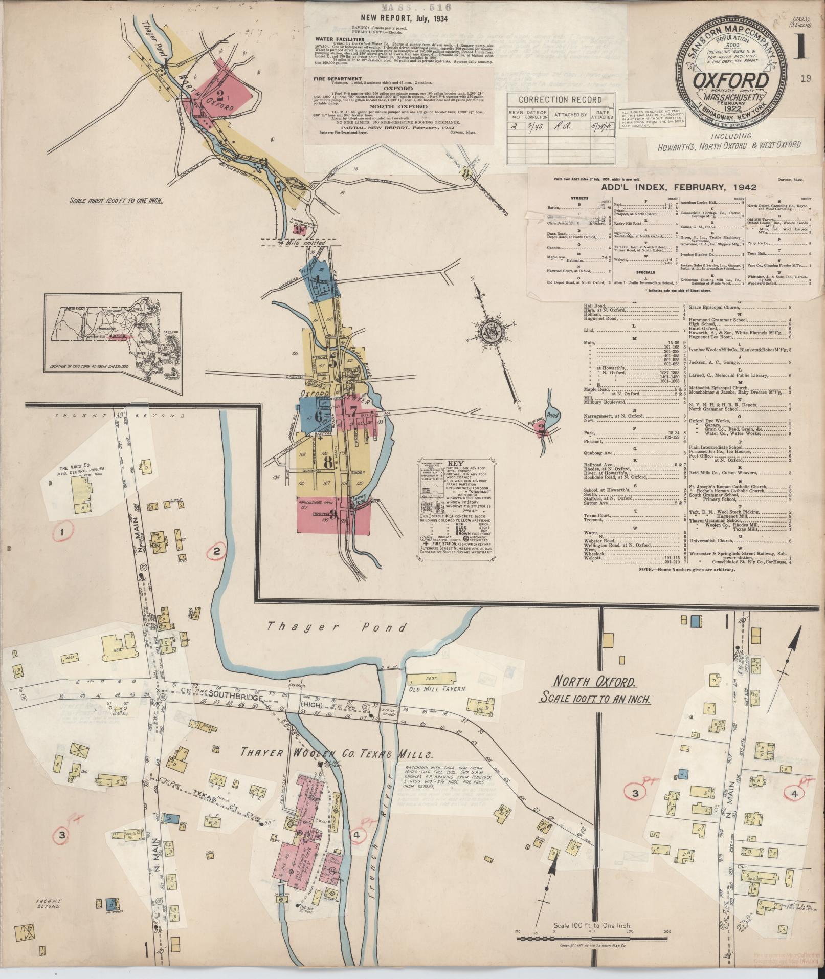 Sanborn Fire Insurance Map from Oxford, Worcester County, Massachusetts (1942), Sheet #0001 - Historic Sanborn Fire Insurance Map Print, vintage old map wall art, antique decor, genealogy gift, Massachusetts Massachusetts map