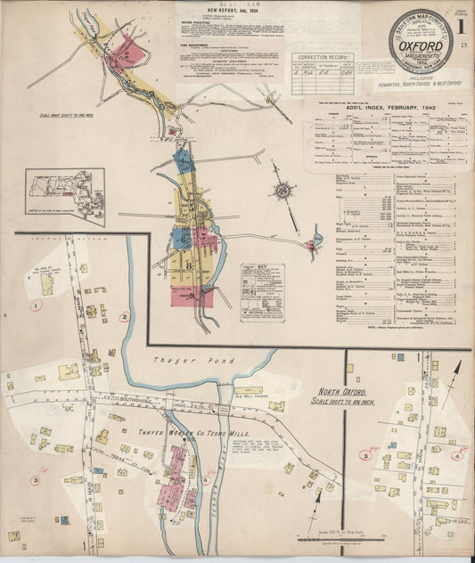 Sanborn Fire Insurance Map from Oxford, Worcester County, Massachusetts (1942), Sheet #0001 - Historic Sanborn Fire Insurance Map Print, vintage old map wall art, antique decor, genealogy gift, Massachusetts Massachusetts map
