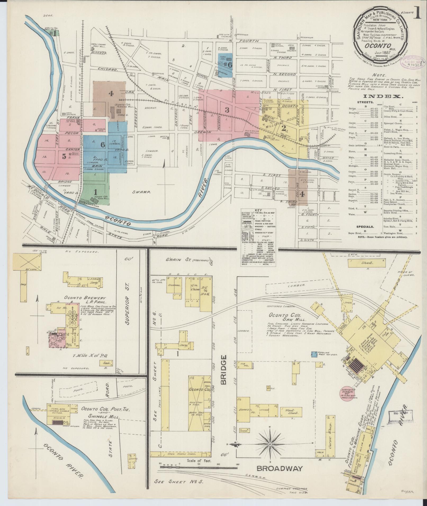 Sanborn Fire Insurance Map from Oconto, Oconto County, Wisconsin (1887), Sheet #0001 - Historic Sanborn Fire Insurance Map Print, vintage old map wall art, antique decor, genealogy gift, Wisconsin Wisconsin map