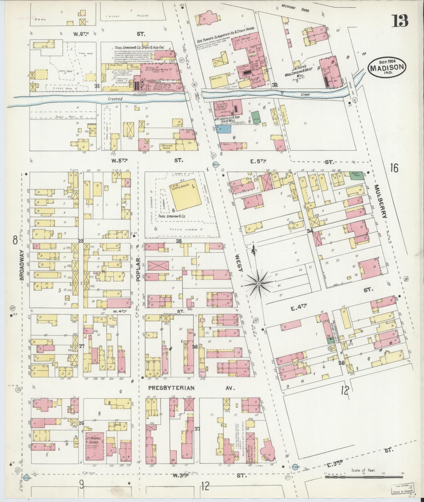 Sanborn Fire Insurance Map from Madison, Jefferson County, Indiana (1904), Sheet #0013 - Historic Sanborn Fire Insurance Map Print, vintage old map wall art, antique decor, genealogy gift, Indiana Indiana map