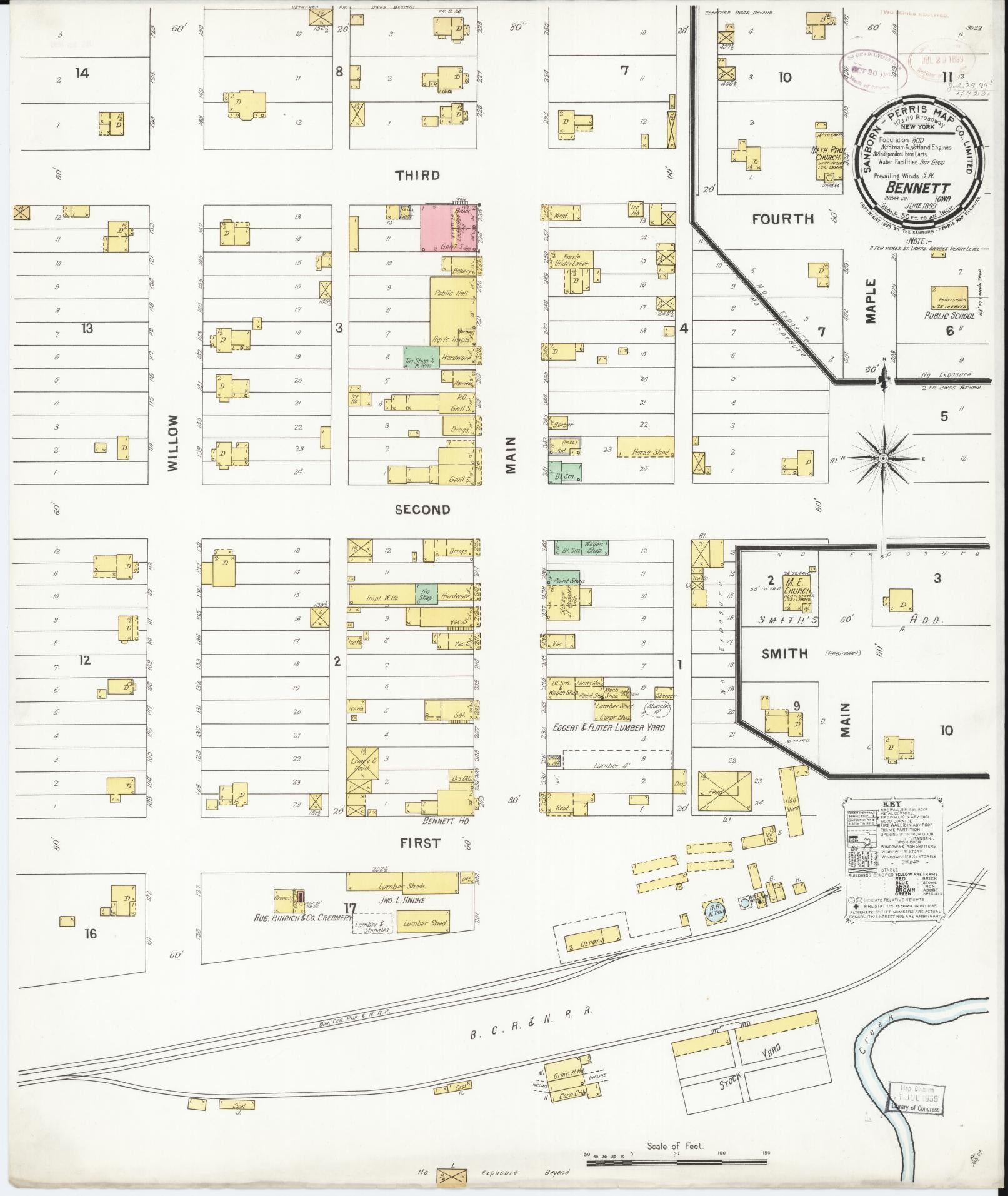 Sanborn Fire Insurance Map from Bennett, Cedar County, Iowa (1899), Sheet #0001 - Historic Sanborn Fire Insurance Map Print, vintage old map wall art