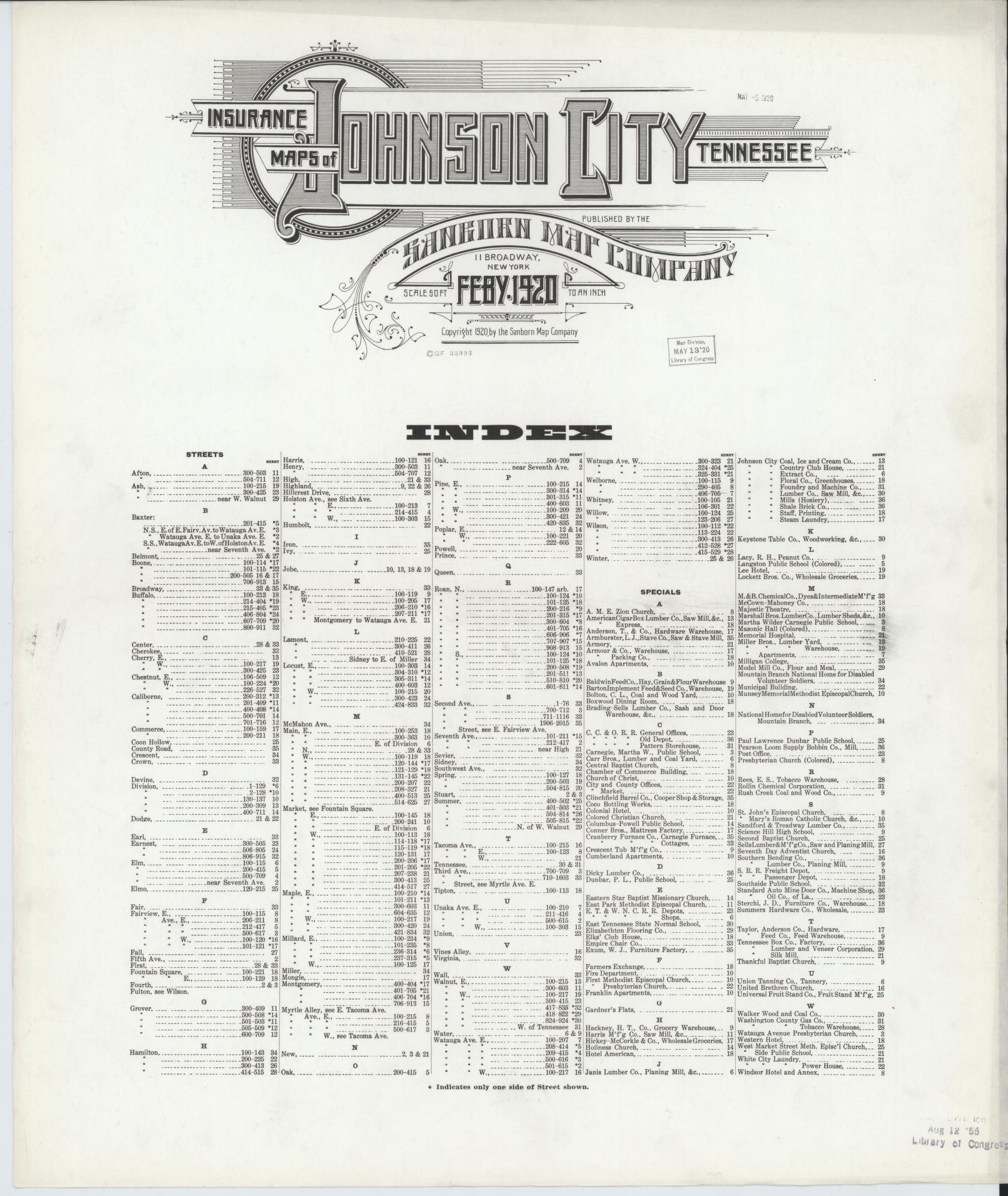 Sanborn Fire Insurance Map from Johnson City, Washington County, Tennessee. (1920) – Historic Sanborn Fire Insurance Map Print