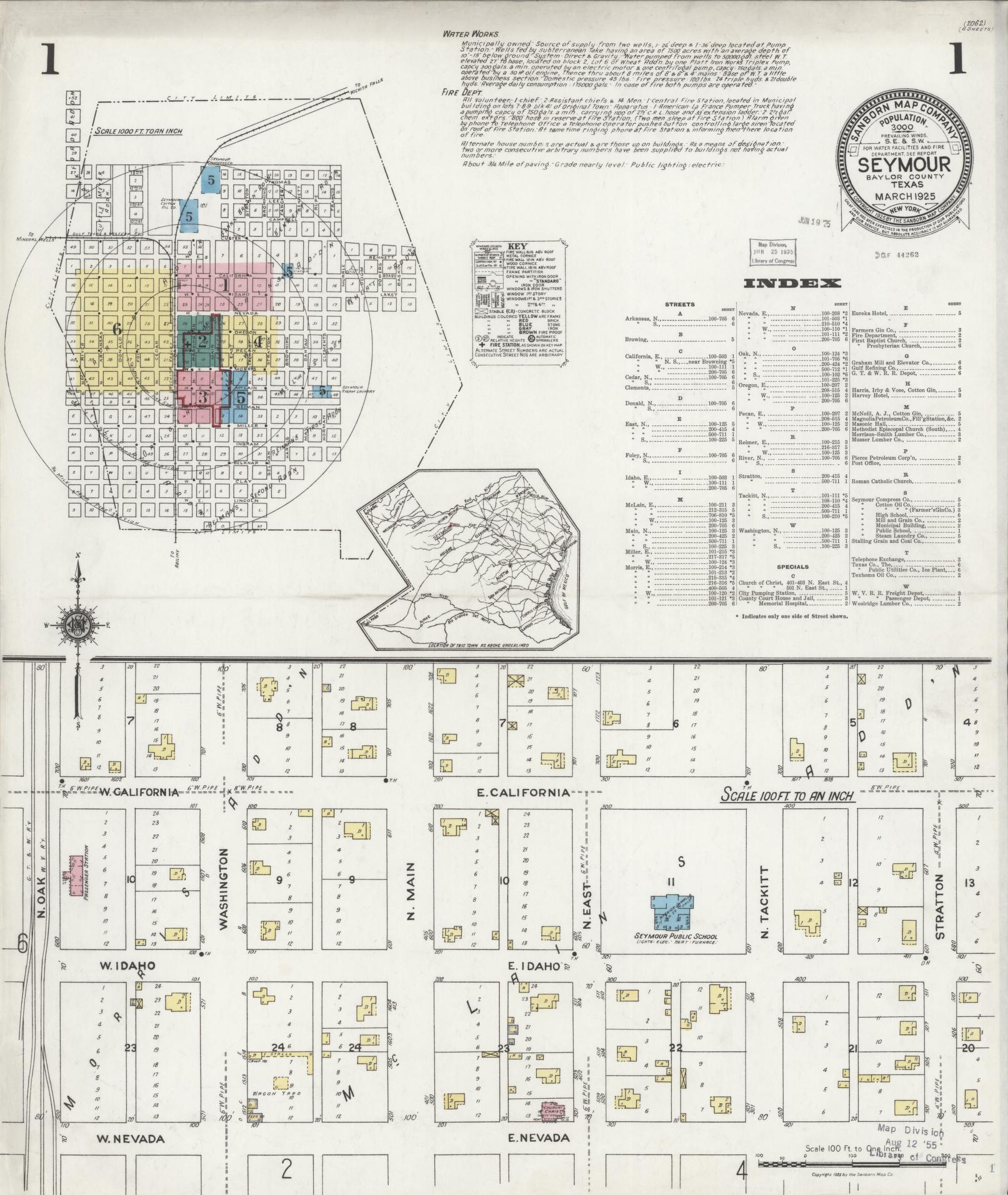 Sanborn Fire Insurance Map from Seymour, Baylor County, Texas (1925), Sheet #0001 - Complete Map Set gallery image, historic Sanborn map, vintage wall art, Texas Texas