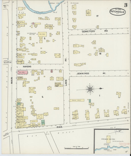 Sanborn Fire Insurance Map from Patchogue, Suffolk County, New York (1891), Sheet #0003 - Historic Sanborn Fire Insurance Map Print, vintage old map wall art, antique decor, genealogy gift, New York New York map