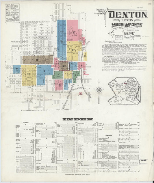 Sanborn Fire Insurance Map from Denton, Denton County, Texas (1917), Sheet #0001 - Historic Sanborn Fire Insurance Map Print, vintage old map wall art, antique decor, genealogy gift, Texas Texas map