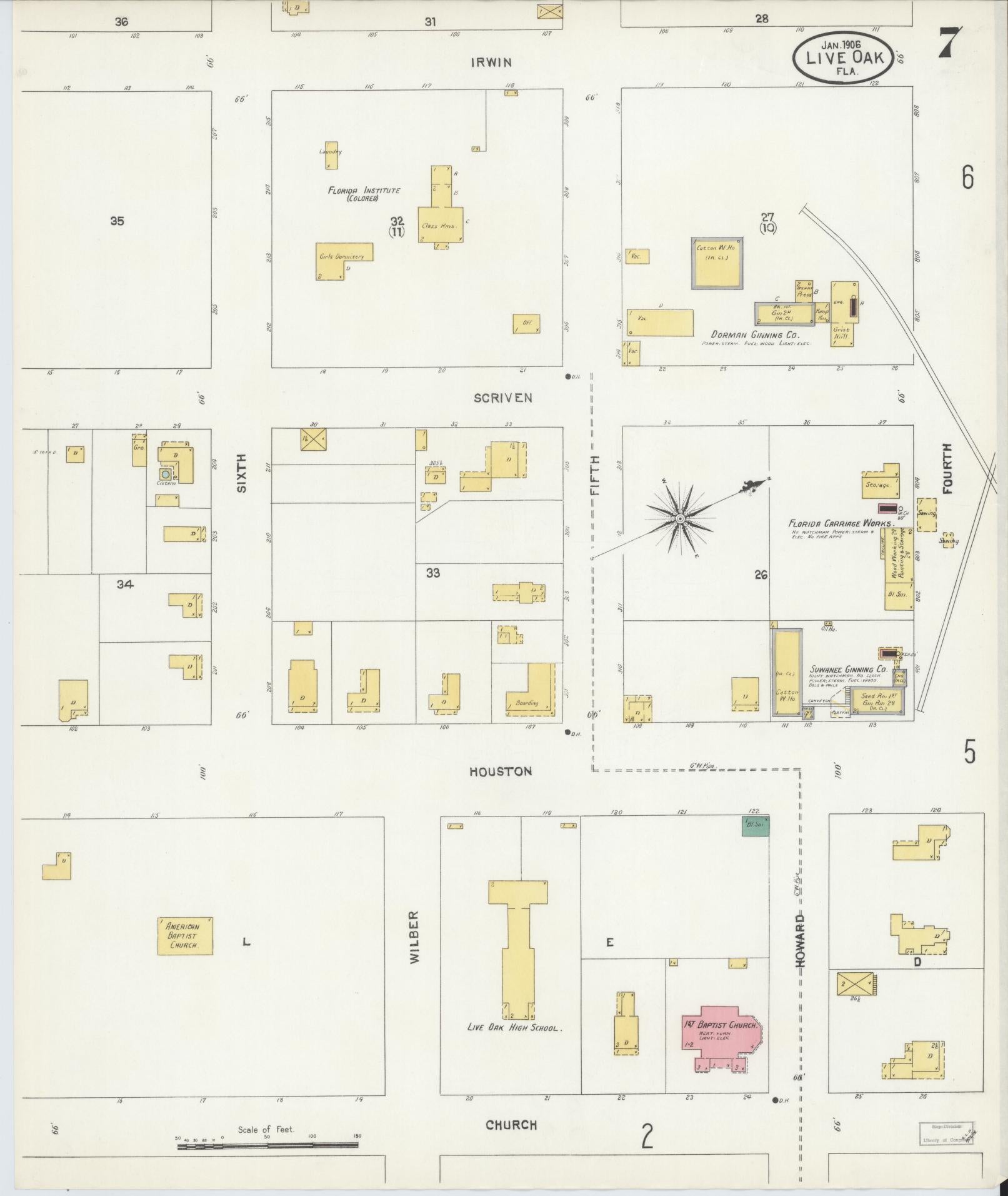 Sanborn Fire Insurance Map from Live Oak, Suwanee County, Florida (1906), Sheet #0007 - Complete Map Set gallery image, historic Sanborn map, vintage wall art, Florida Florida