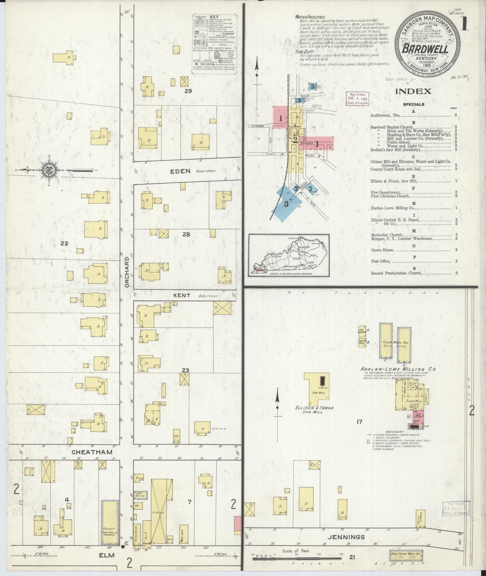Sanborn Fire Insurance Map from Bardwell, Carlisle County, Kentucky (1915), Sheet #0001 - Historic Sanborn Fire Insurance Map Print, vintage old map wall art, antique decor, genealogy gift, Kentucky Kentucky map