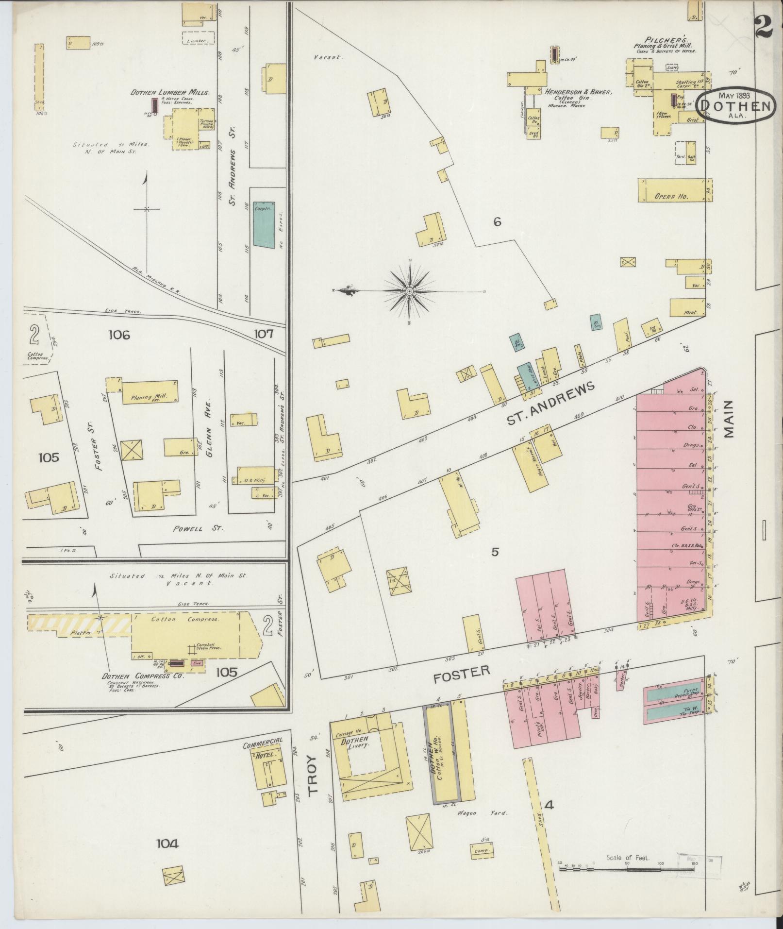 Sanborn Fire Insurance Map from Dothan, Houston County, Alabama (1893), Sheet #0002 - Historic Sanborn Fire Insurance Map Print, vintage old map wall art, antique decor, genealogy gift, Alabama Alabama map