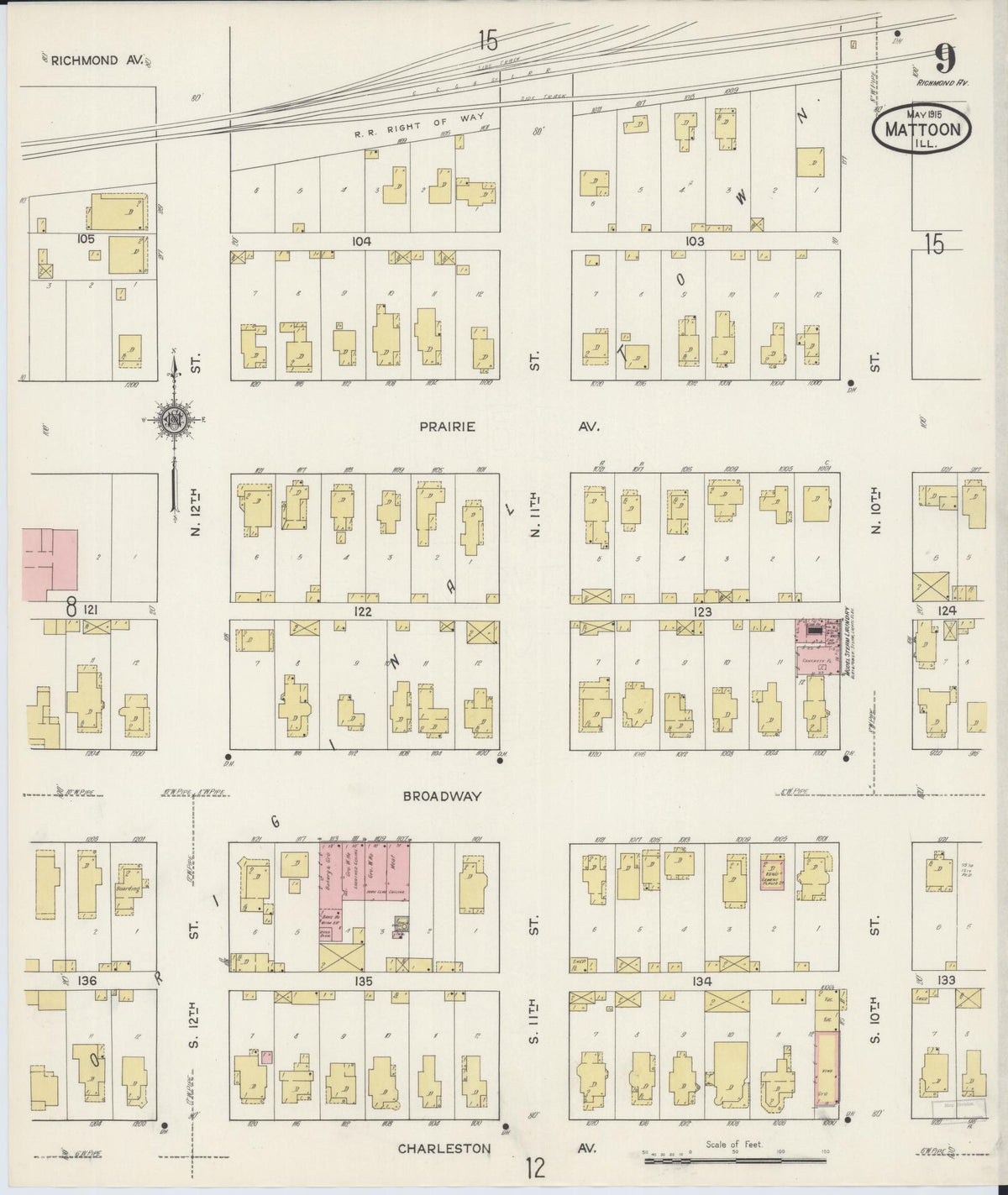 Sanborn Fire Insurance Map from Mattoon, Coles County, Illinois (1915), Sheet #0009 - Complete Map Set gallery image, historic Sanborn map, vintage wall art, Illinois Illinois