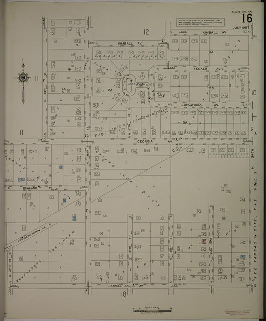 Sanborn Fire Insurance Map from Kansas City, Wyandotte County, Kansas (1957), Sheet #0016 - Historic Sanborn Fire Insurance Map Print, vintage old map wall art, antique decor, genealogy gift, Kansas Kansas map