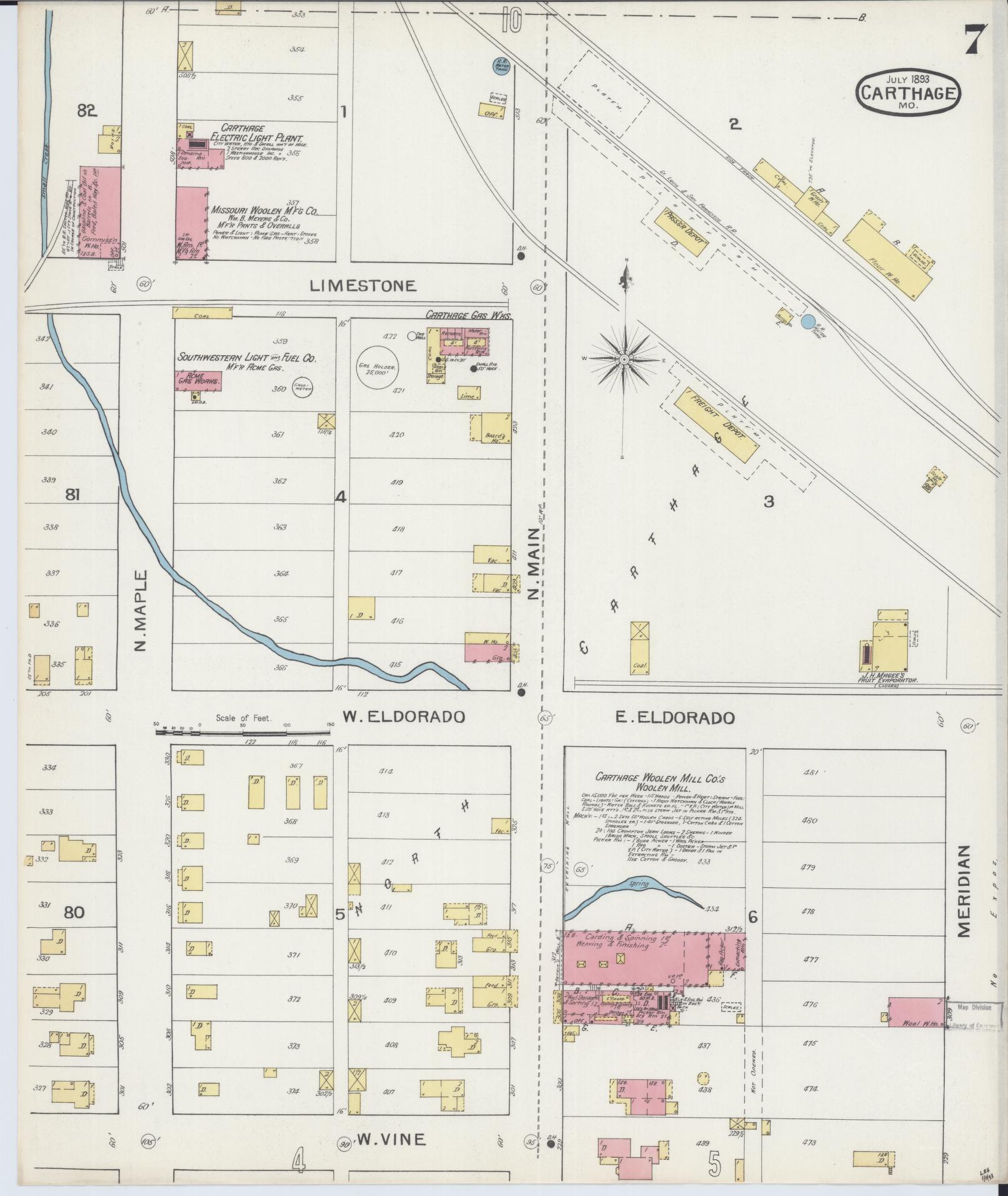 Sanborn Fire Insurance Map from Carthage, Jasper County, Missouri (1893), Sheet #0007 - Historic Sanborn Fire Insurance Map Print, vintage old map wall art, antique decor, genealogy gift, Missouri Missouri map