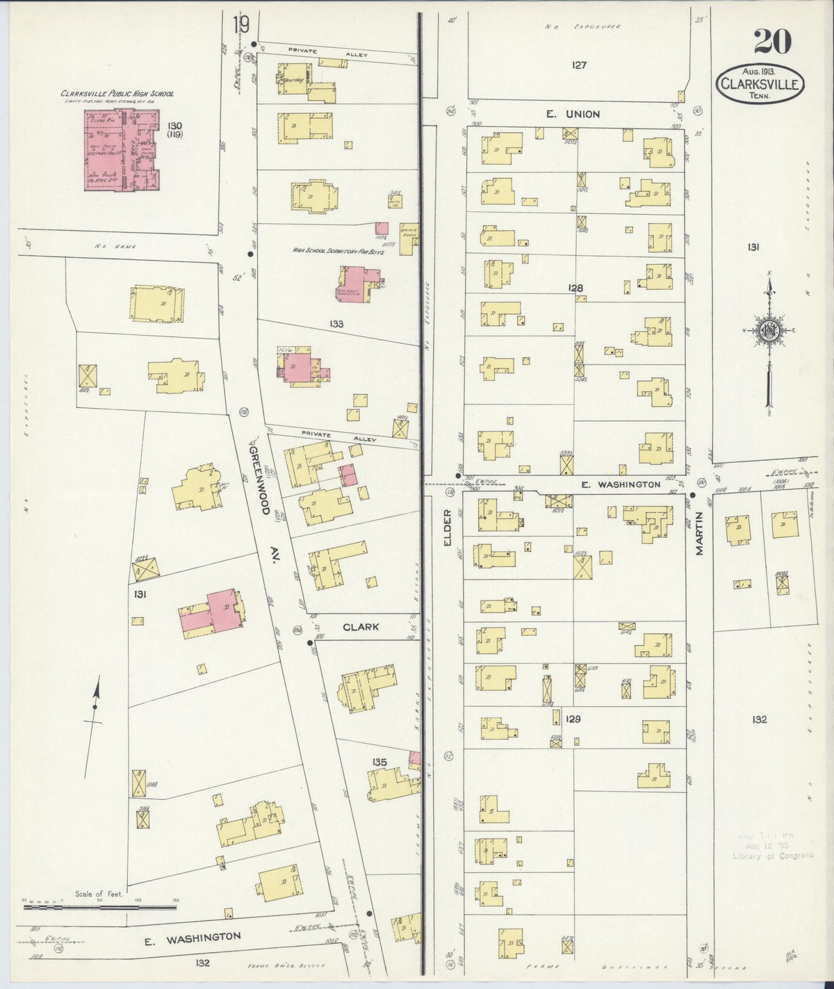 Sanborn Fire Insurance Map from Clarksville, Montgomery County, Tennessee (1913), Sheet #0020 - Historic Sanborn Fire Insurance Map Print, vintage old map wall art, antique decor, genealogy gift, Tennessee Tennessee map