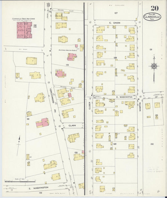 Sanborn Fire Insurance Map from Clarksville, Montgomery County, Tennessee (1913), Sheet #0020 - Historic Sanborn Fire Insurance Map Print, vintage old map wall art, antique decor, genealogy gift, Tennessee Tennessee map