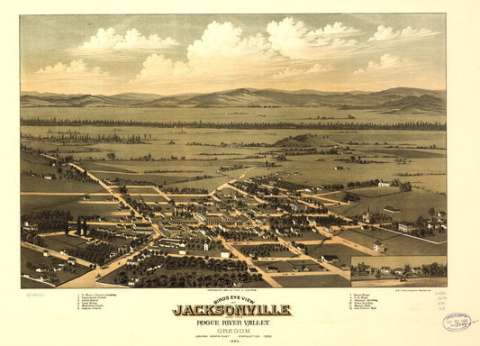 Bird's eye view of Jacksonville and the Rogue River Valley, Oregon 1883. (1883) – Historic Bird’s-Eye View Panorama Print
