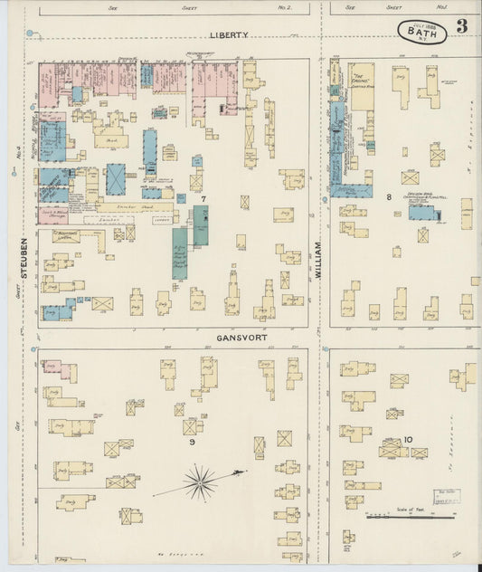 Sanborn Fire Insurance Map from Bath, Steuben County, New York (1888), Sheet #0003 - Historic Sanborn Fire Insurance Map Print, vintage old map wall art, antique decor, genealogy gift, New York New York map