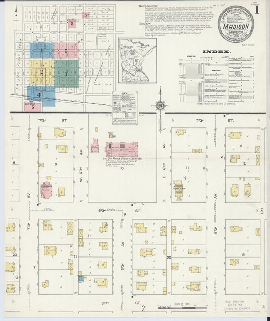 Sanborn Fire Insurance Map from Madison, Lac Qui Parle County, Minnesota (1913), Sheet #0001 - Complete Map Set gallery image, historic Sanborn map, vintage wall art, Minnesota Minnesota