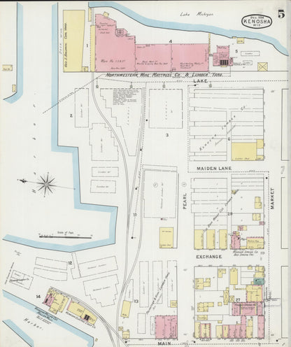 Sanborn Fire Insurance Map from Kenosha, Kenosha County, Wisconsin (1894), Sheet #0005 - Historic Sanborn Fire Insurance Map Print, vintage old map wall art, antique decor, genealogy gift, Wisconsin Wisconsin map
