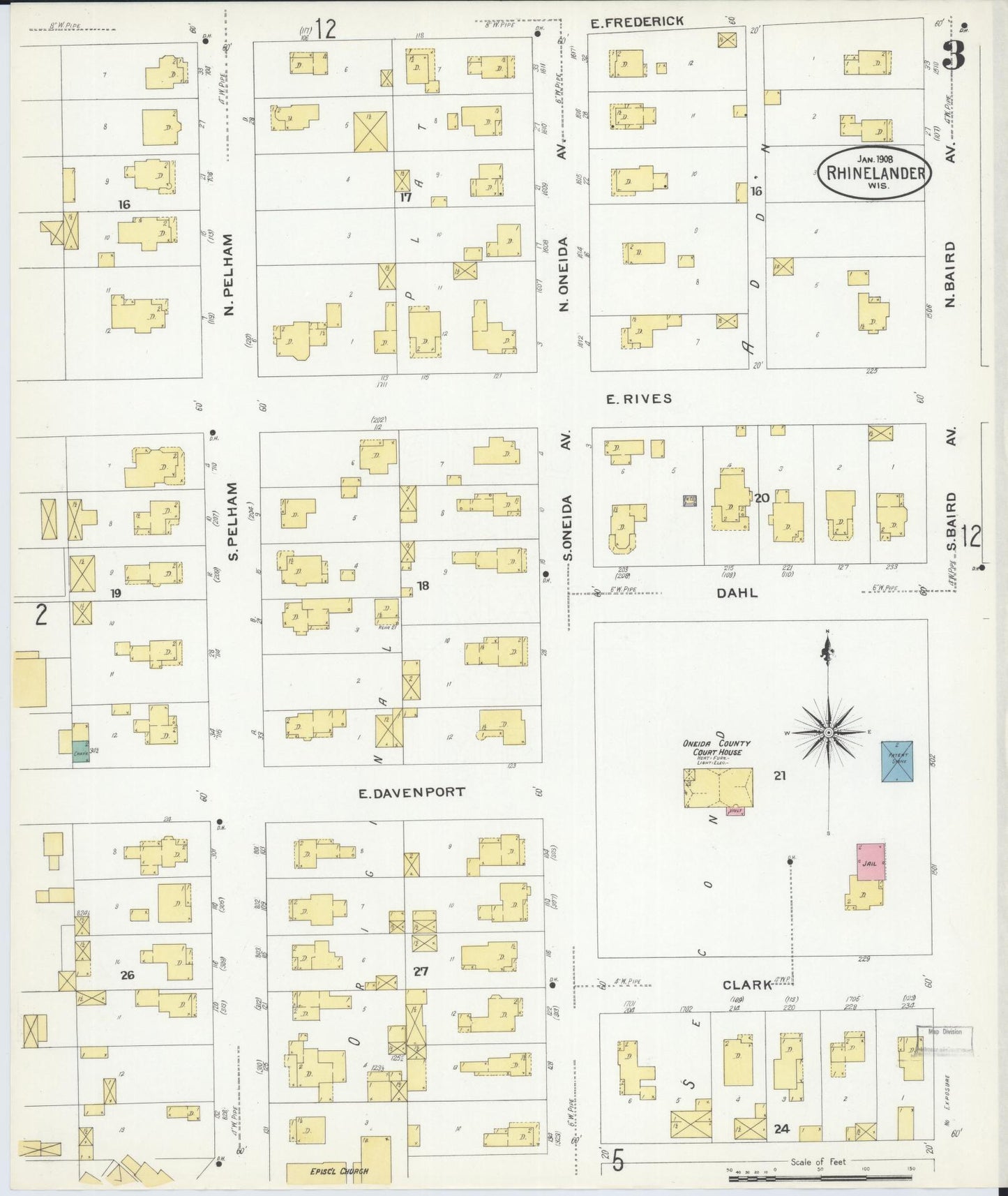 Sanborn Fire Insurance Map from Rhinelander, Oneida County, Wisconsin (1908), Sheet #0003 - Complete Map Set gallery image, historic Sanborn map, vintage wall art, Wisconsin Wisconsin