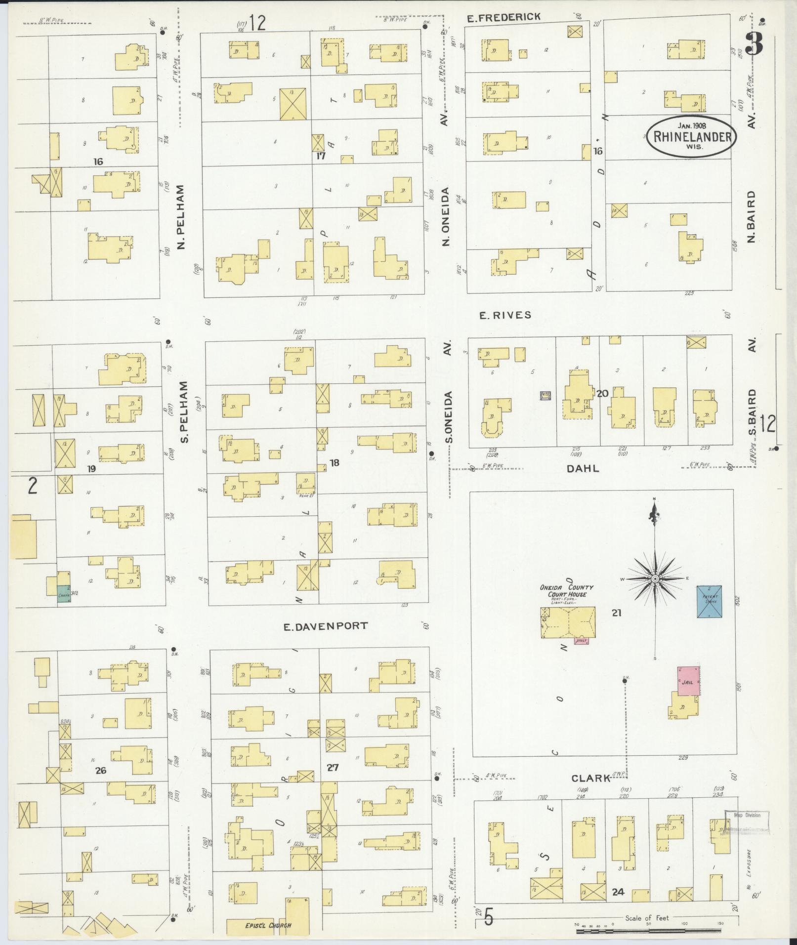 Sanborn Fire Insurance Map from Rhinelander, Oneida County, Wisconsin (1908), Sheet #0003 - Complete Map Set gallery image, historic Sanborn map, vintage wall art, Wisconsin Wisconsin