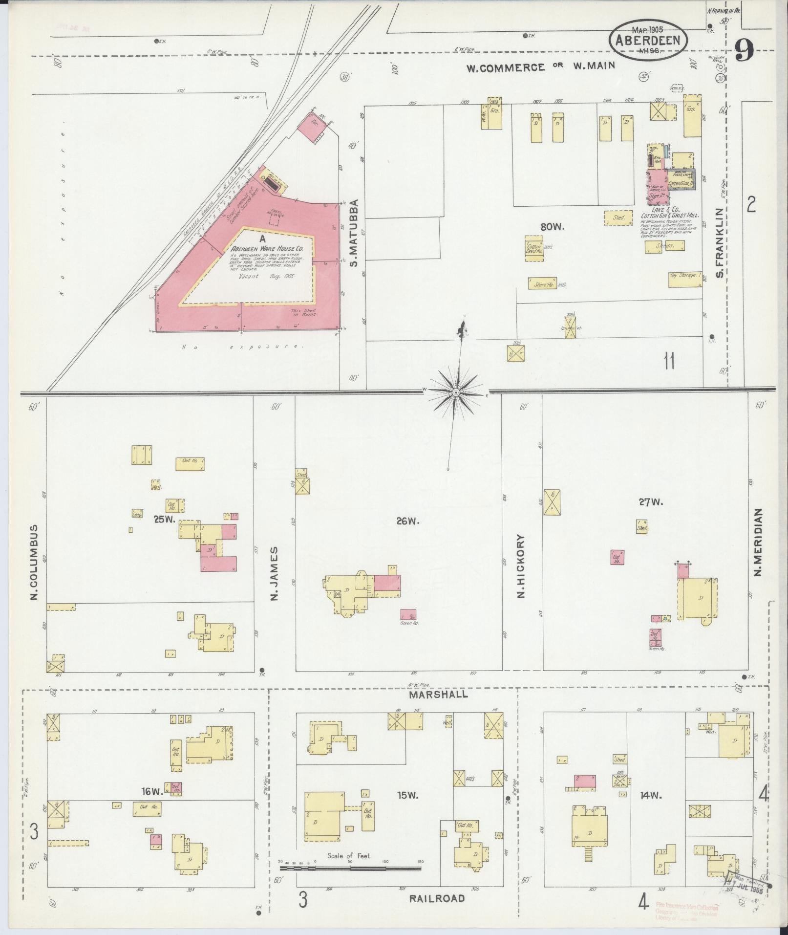 Sanborn Fire Insurance Map from Aberdeen, Monroe County, Mississippi (1905), Sheet #0009 - Complete Map Set gallery image, historic Sanborn map, vintage wall art, Mississippi Mississippi