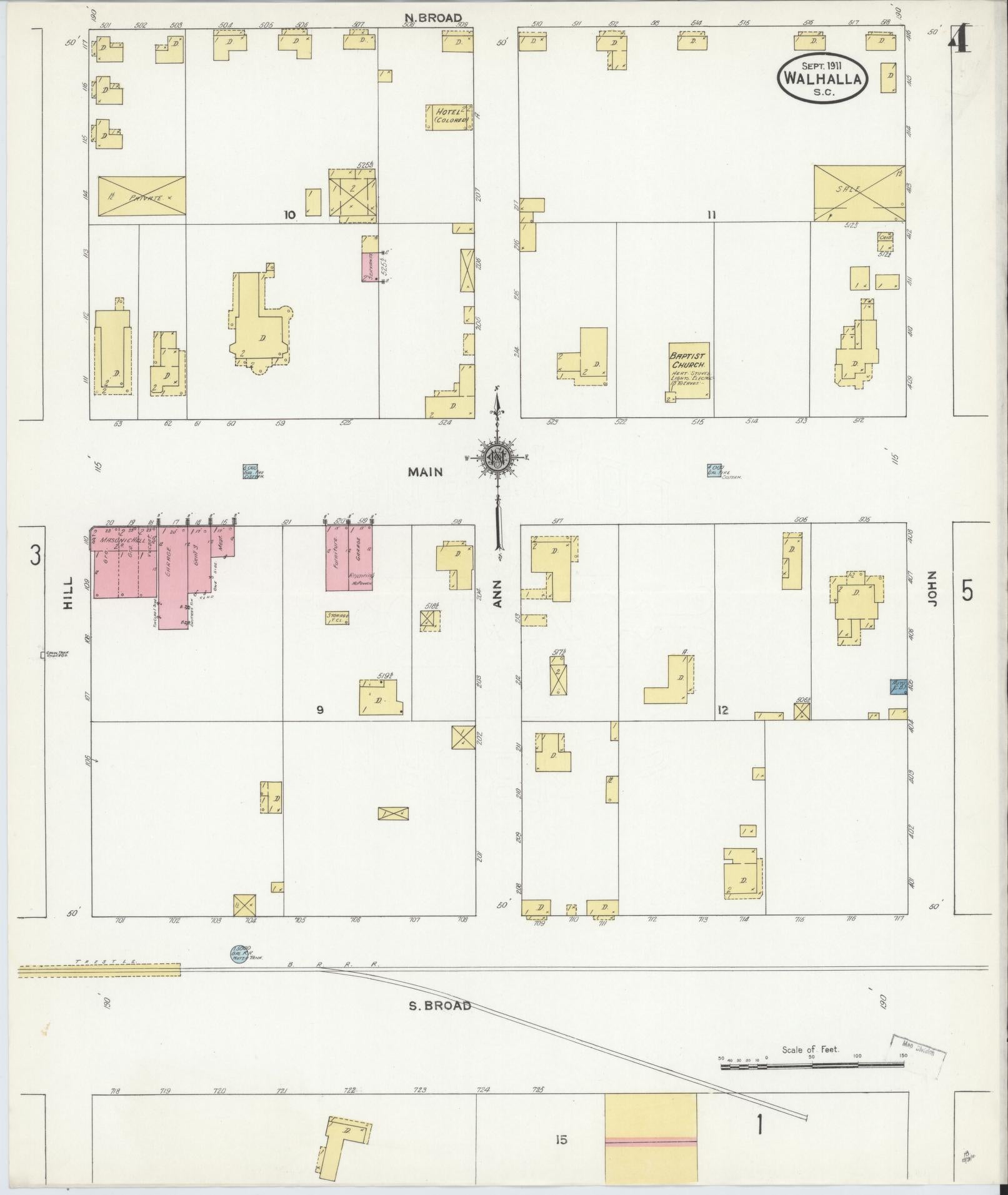 Sanborn Fire Insurance Map from Walhalla, Oconee County, South Carolina (1911), Sheet #0004 - Historic Sanborn Fire Insurance Map Print, vintage old map wall art, antique decor, genealogy gift, South Carolina South Carolina map