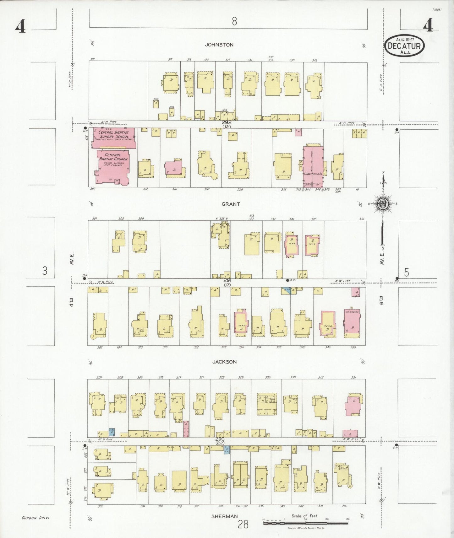 Sanborn Fire Insurance Map from Decatur, Morgan County, Alabama (1927), Sheet #0004 - Historic Sanborn Fire Insurance Map Print, vintage old map wall art, antique decor, genealogy gift, Alabama Alabama map