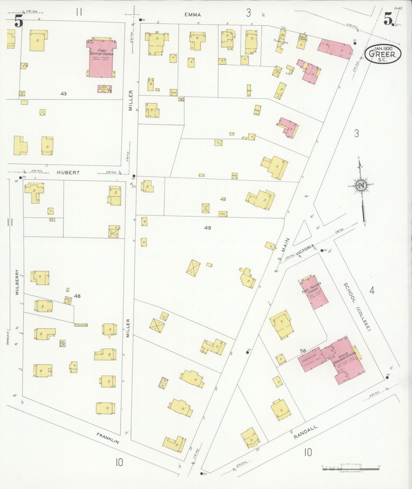 Sanborn Fire Insurance Map from Greer, Greenville and Spartanburg Counties, South Carolina (1930), Sheet #0005 - Complete Map Set gallery image, historic Sanborn map, vintage wall art, South Carolina South Carolina