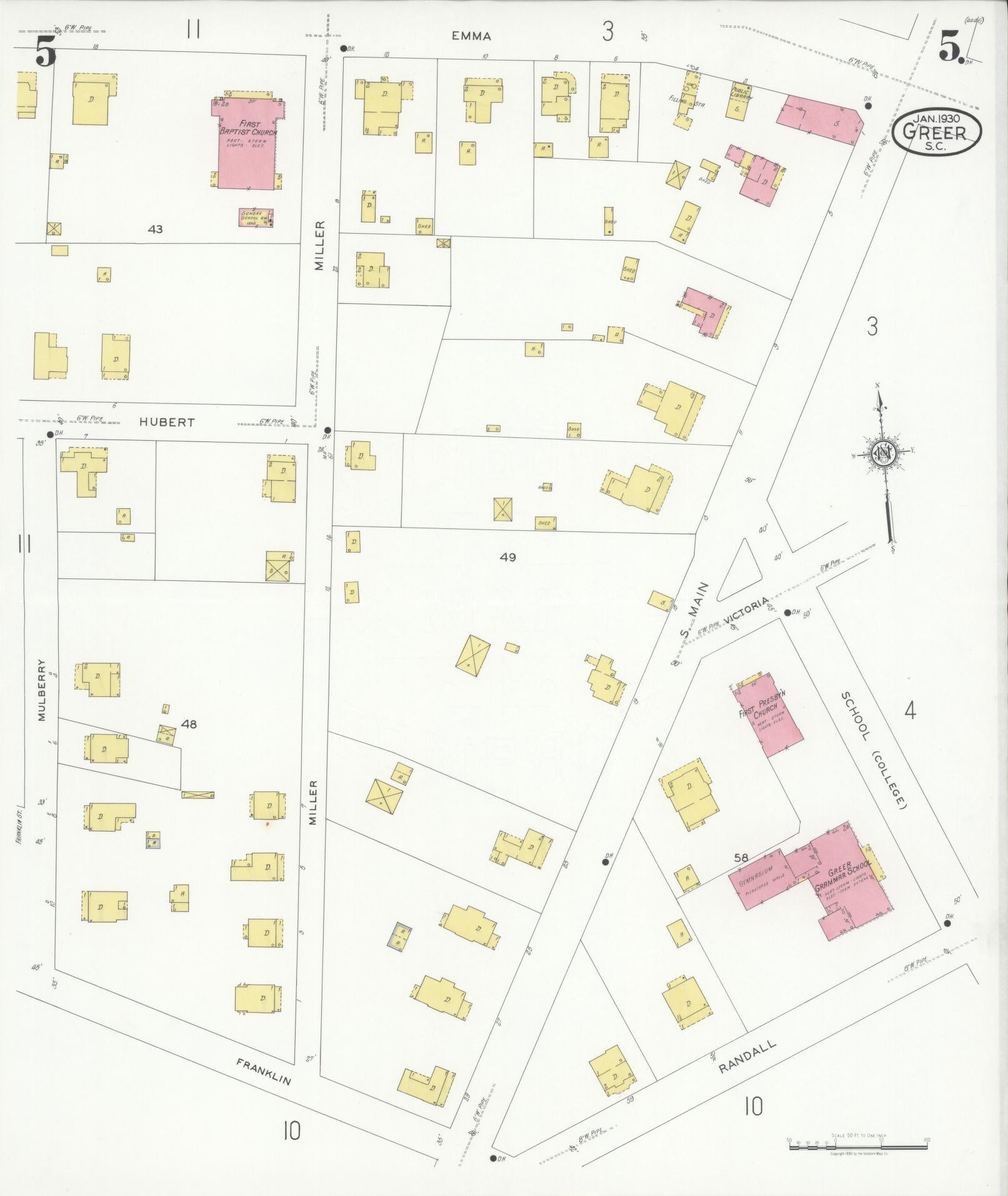 Sanborn Fire Insurance Map from Greer, Greenville and Spartanburg Counties, South Carolina (1930), Sheet #0005 - Complete Map Set gallery image, historic Sanborn map, vintage wall art, South Carolina South Carolina