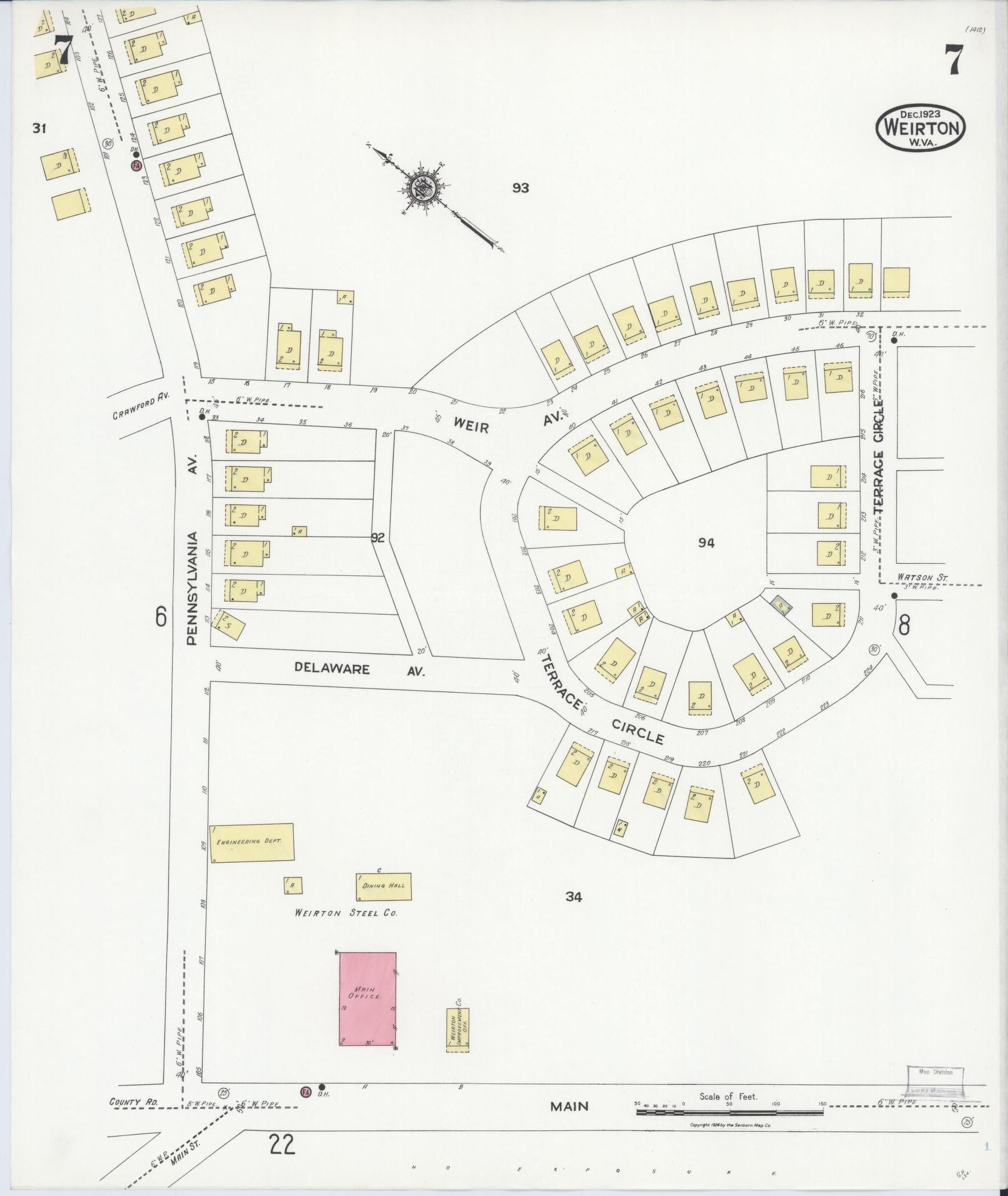 Sanborn Fire Insurance Map from Weirton, Hancock County, West Virginia (1923), Sheet #0007 - Historic Sanborn Fire Insurance Map Print, vintage old map wall art, antique decor, genealogy gift, West Virginia West Virginia map