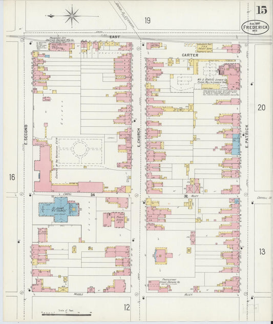 Frederick, Maryland - 1897 - Sanborn Fire Insurance Map, Sheet #0015 - Historic Sanborn Fire Insurance Map Print, Frederick Maryland 1897 0015 vintage old map wall art