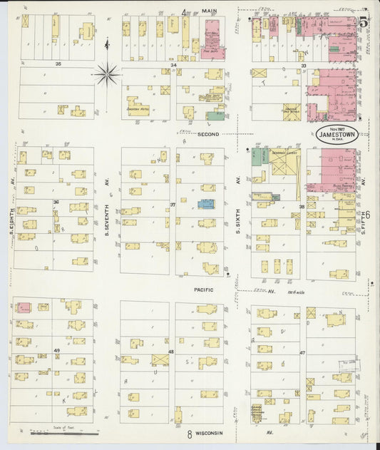 Sanborn Fire Insurance Map from Jamestown, Stutsman County, North Dakota (1907), Sheet #0005 - Historic Sanborn Fire Insurance Map Print, vintage old map wall art, antique decor, genealogy gift, North Dakota North Dakota map