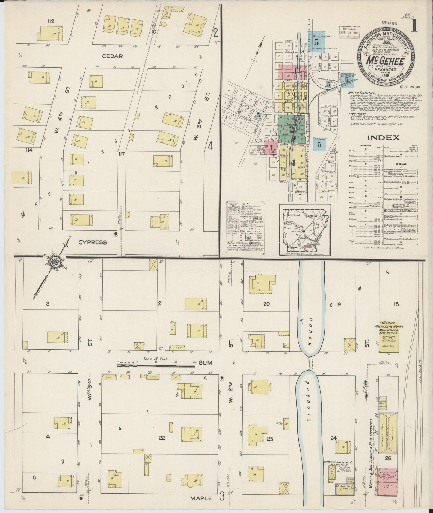 Sanborn Fire Insurance Map from McGehee, Desha County, Arkansas (1915), Sheet #0001 - Historic Sanborn Fire Insurance Map Print, vintage old map wall art, antique decor, genealogy gift, Arkansas Arkansas map