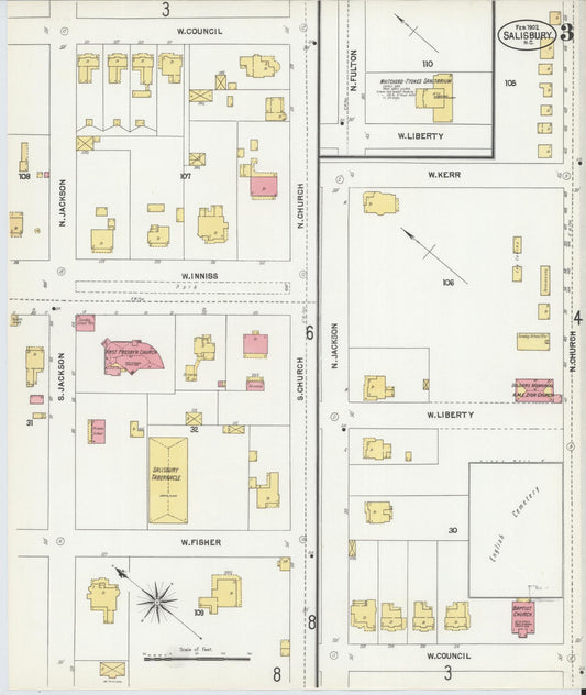 Sanborn Fire Insurance Map from Salisbury, Rowan County, North Carolina (1902), Sheet #0003 - Historic Sanborn Fire Insurance Map Print, vintage old map wall art, antique decor, genealogy gift, North Carolina North Carolina map