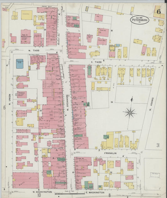 Sanborn Fire Insurance Map from Petersburg, Independent Cities, Virginia (1908), Sheet #0006 - Historic Sanborn Fire Insurance Map Print, vintage old map wall art, antique decor, genealogy gift, Virginia Virginia map