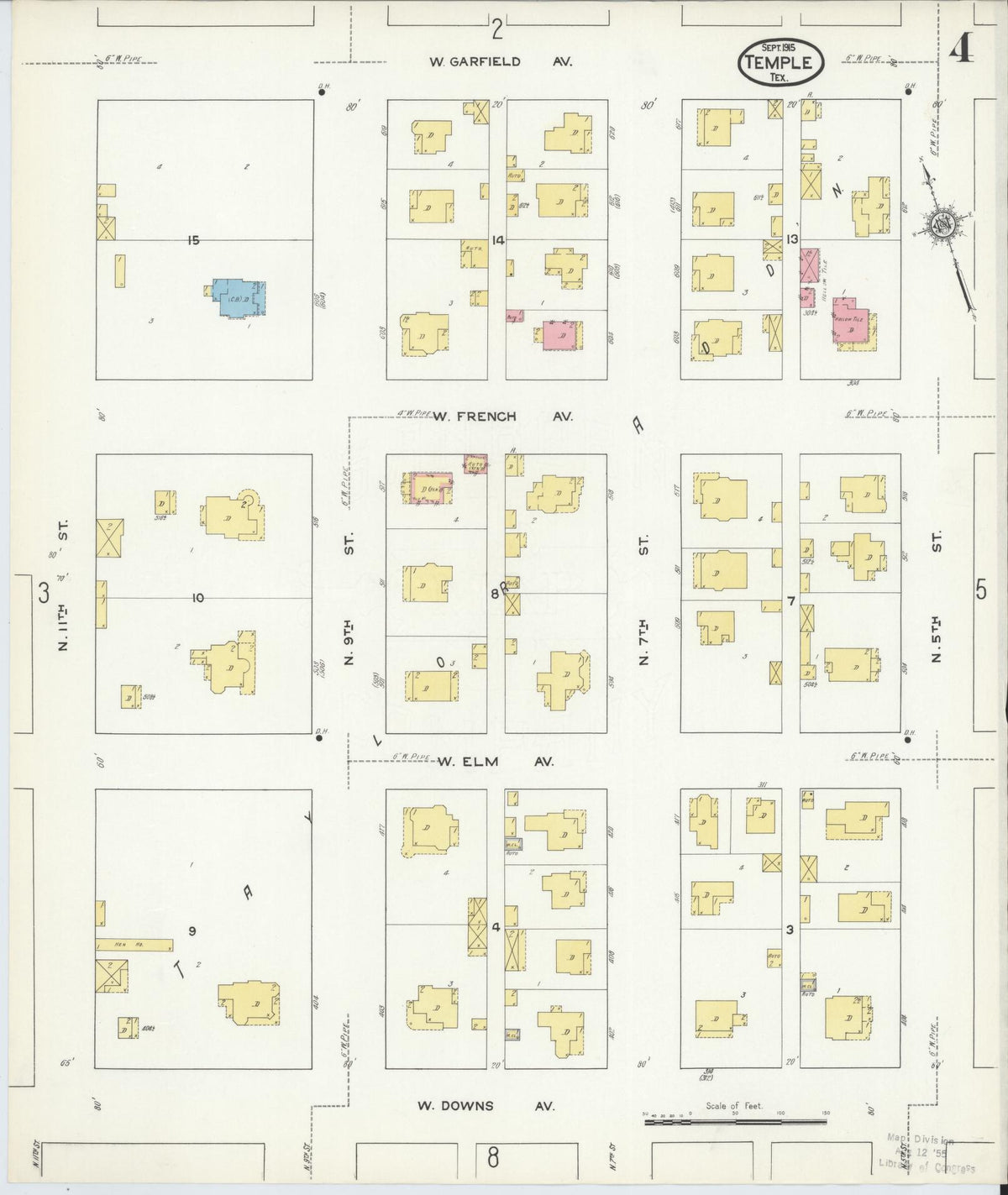 Sanborn Fire Insurance Map from Temple, Bell County, Texas (1915), Sheet #0004 - Complete Map Set gallery image, historic Sanborn map, vintage wall art, Texas Texas