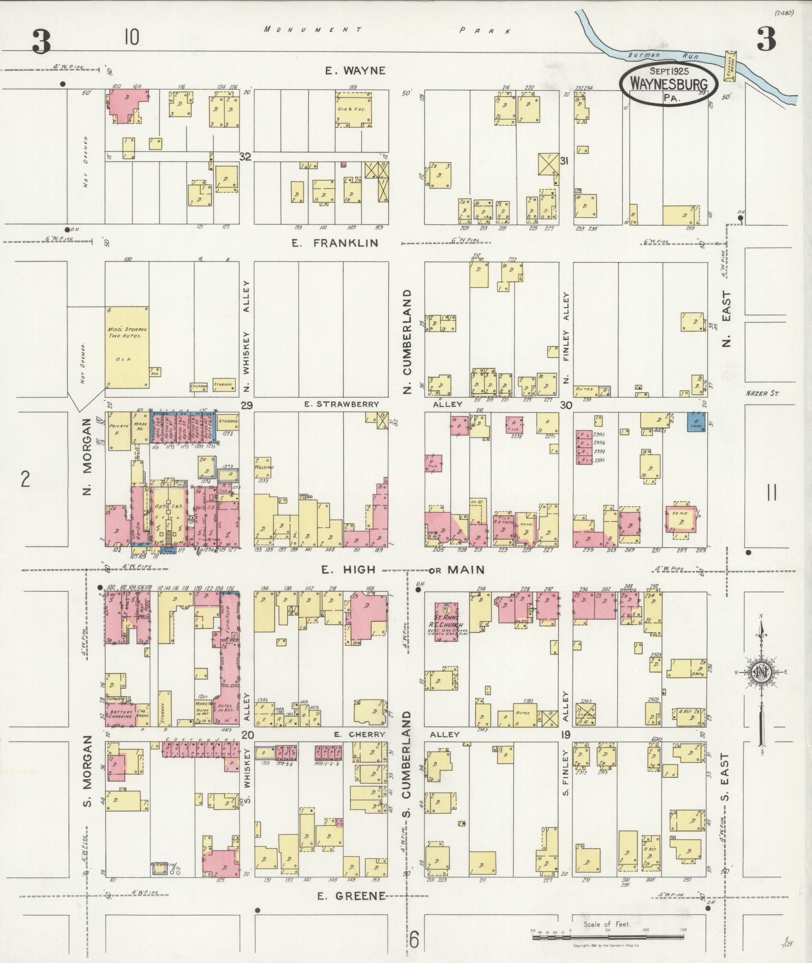Sanborn Fire Insurance Map from Waynesburg, Greene County, Pennsylvania (1925), Sheet #0003 - Complete Map Set gallery image, historic Sanborn map, vintage wall art, Pennsylvania Pennsylvania