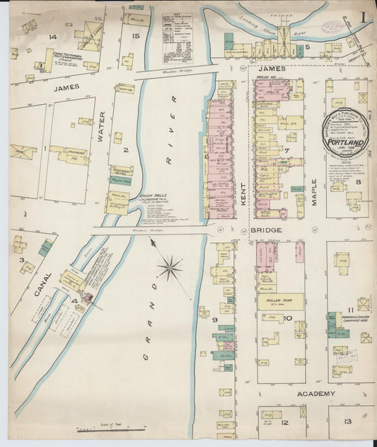 Sanborn Fire Insurance Map from Portland, Ionia County, Michigan (1886), Sheet #0001 - Complete Map Set gallery image, historic Sanborn map, vintage wall art, Michigan Michigan