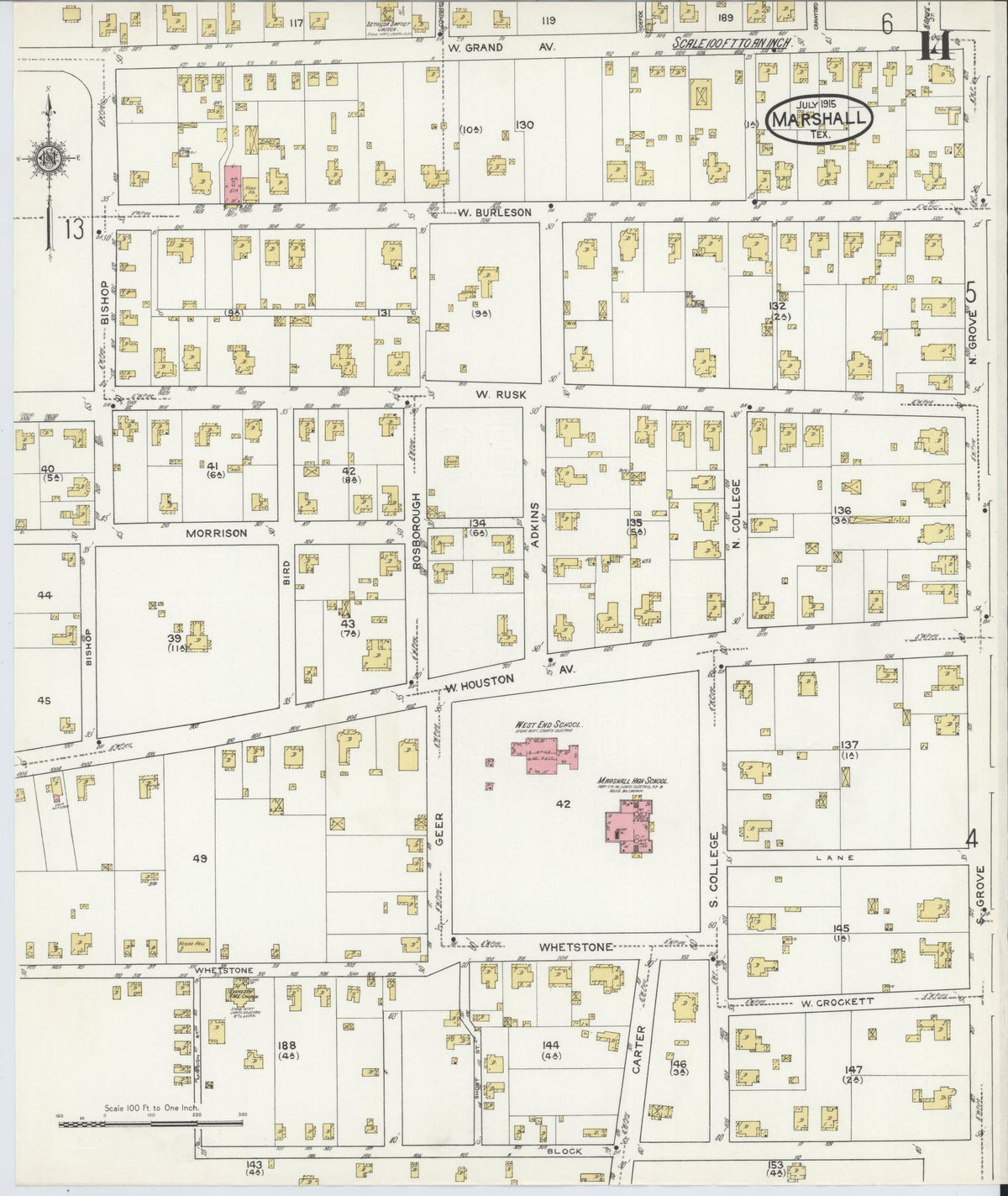 Sanborn Fire Insurance Map from Marshall, Harrison County, Texas (1915), Sheet #0014 - Complete Map Set gallery image, historic Sanborn map, vintage wall art, Texas Texas