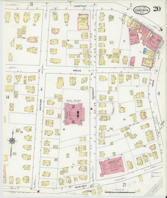 Sanborn Fire Insurance Map from Oneonta, Otsego County, New York (1916), Sheet #0020 - Historic Sanborn Fire Insurance Map Print, vintage old map wall art, antique decor, genealogy gift, New York New York map