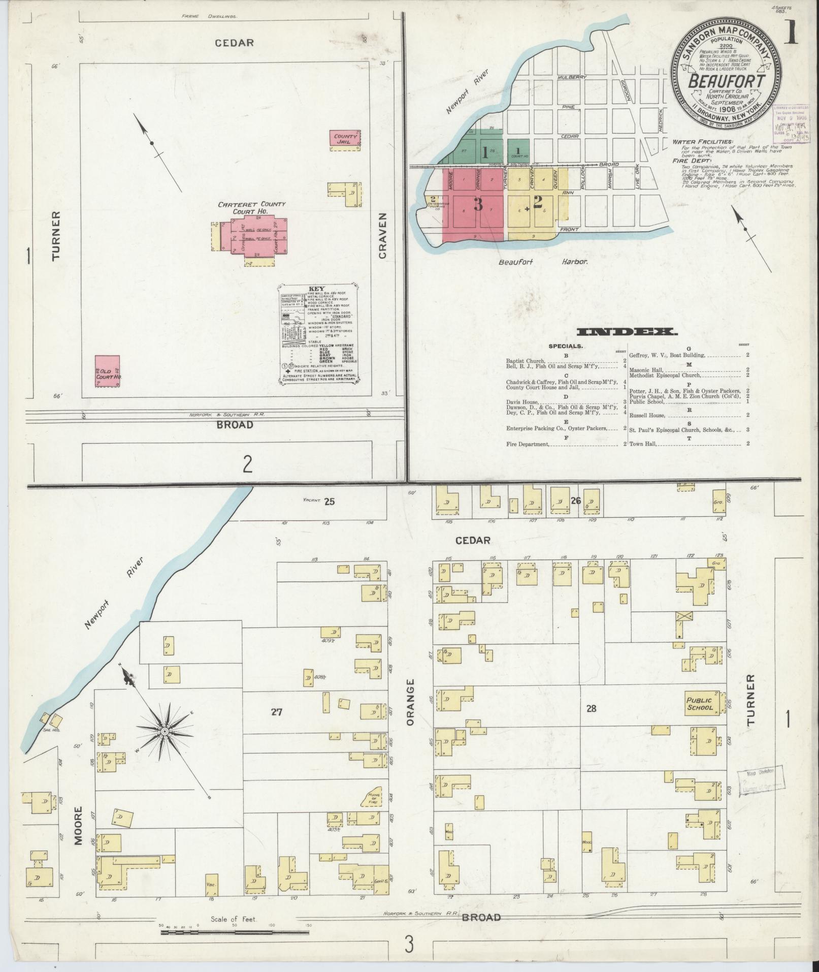 Sanborn Fire Insurance Map from Beaufort, Carteret County, North Carolina (1908), Sheet #0001 - Historic Sanborn Fire Insurance Map Print, vintage old map wall art, antique decor, genealogy gift, North Carolina North Carolina map