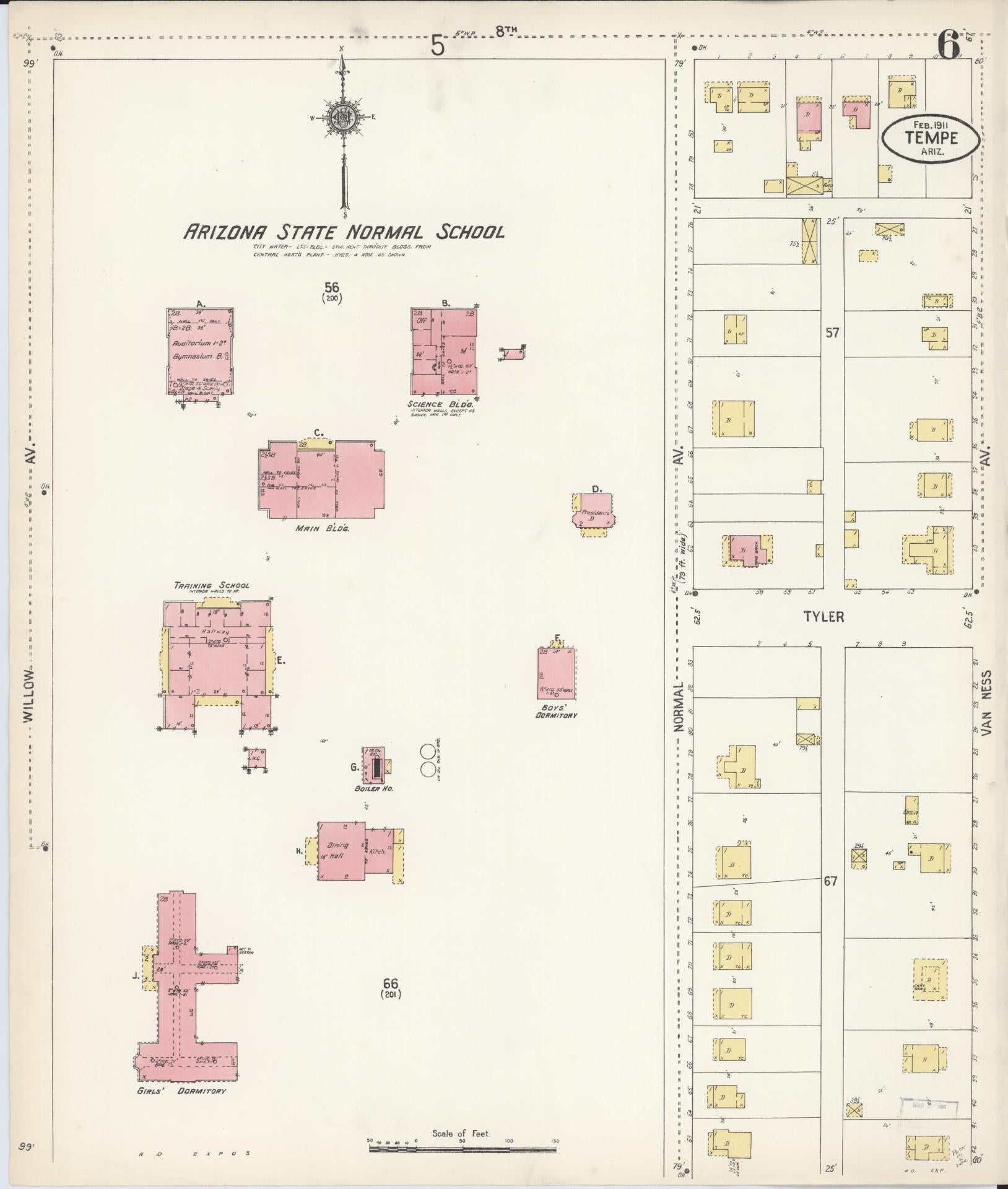Sanborn Fire Insurance Map from Tempe, Maricopa County, Arizona (1911), Sheet #0006 - Historic Sanborn Fire Insurance Map Print, vintage old map wall art, antique decor, genealogy gift, Arizona Arizona map