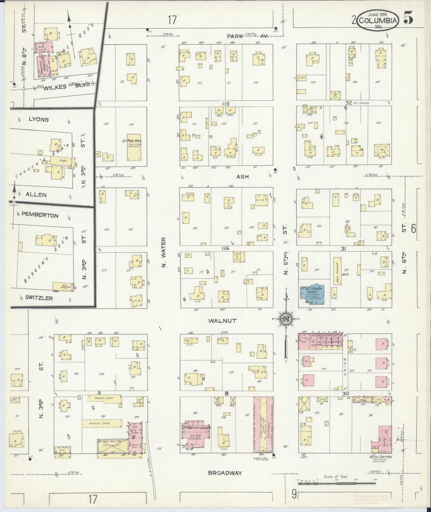 Sanborn Fire Insurance Map from Columbia, Boone County, Missouri (1914), Sheet #0005 - Complete Map Set gallery image, historic Sanborn map, vintage wall art, Missouri Missouri
