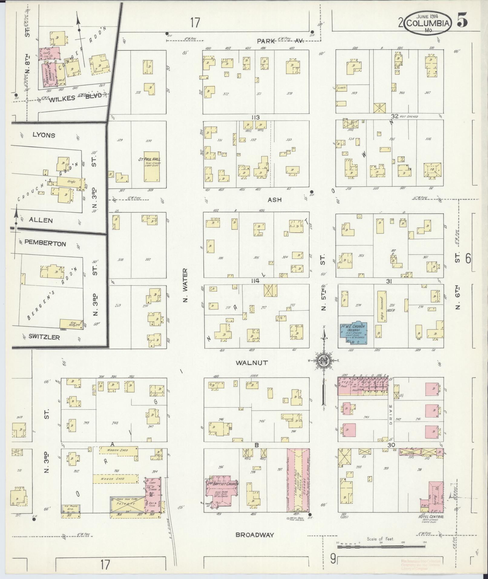 Sanborn Fire Insurance Map from Columbia, Boone County, Missouri (1914), Sheet #0005 - Complete Map Set gallery image, historic Sanborn map, vintage wall art, Missouri Missouri